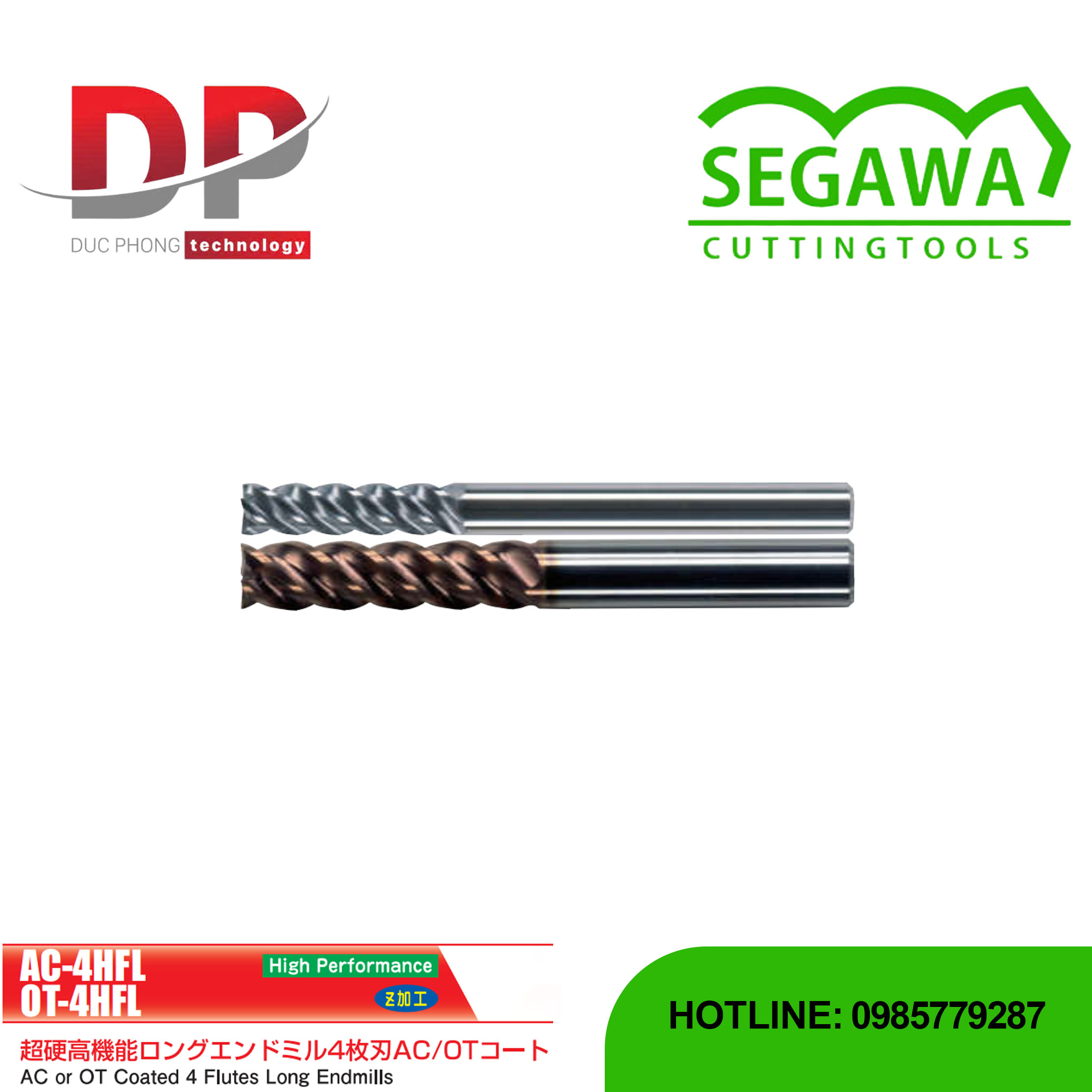 Dao phay ngón dài Carbide 4 me hiệu suất cao có phủ AC hoặc OT - Segawa (AC-4HFL và OT-4HFL)