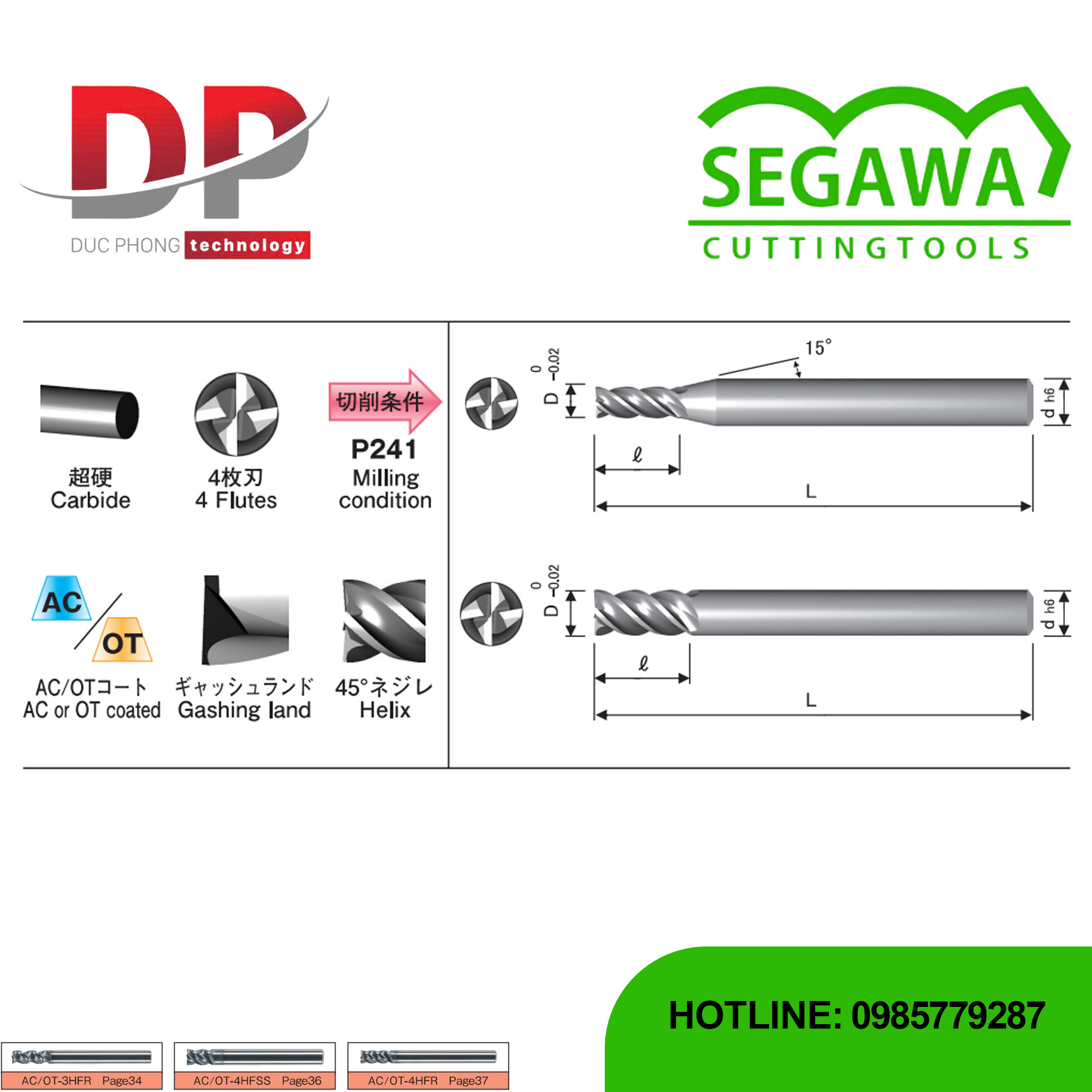 Dao phay ngón dài Carbide 4 me hiệu suất cao có phủ AC hoặc OT - Segawa (AC-4HFL và OT-4HFL)