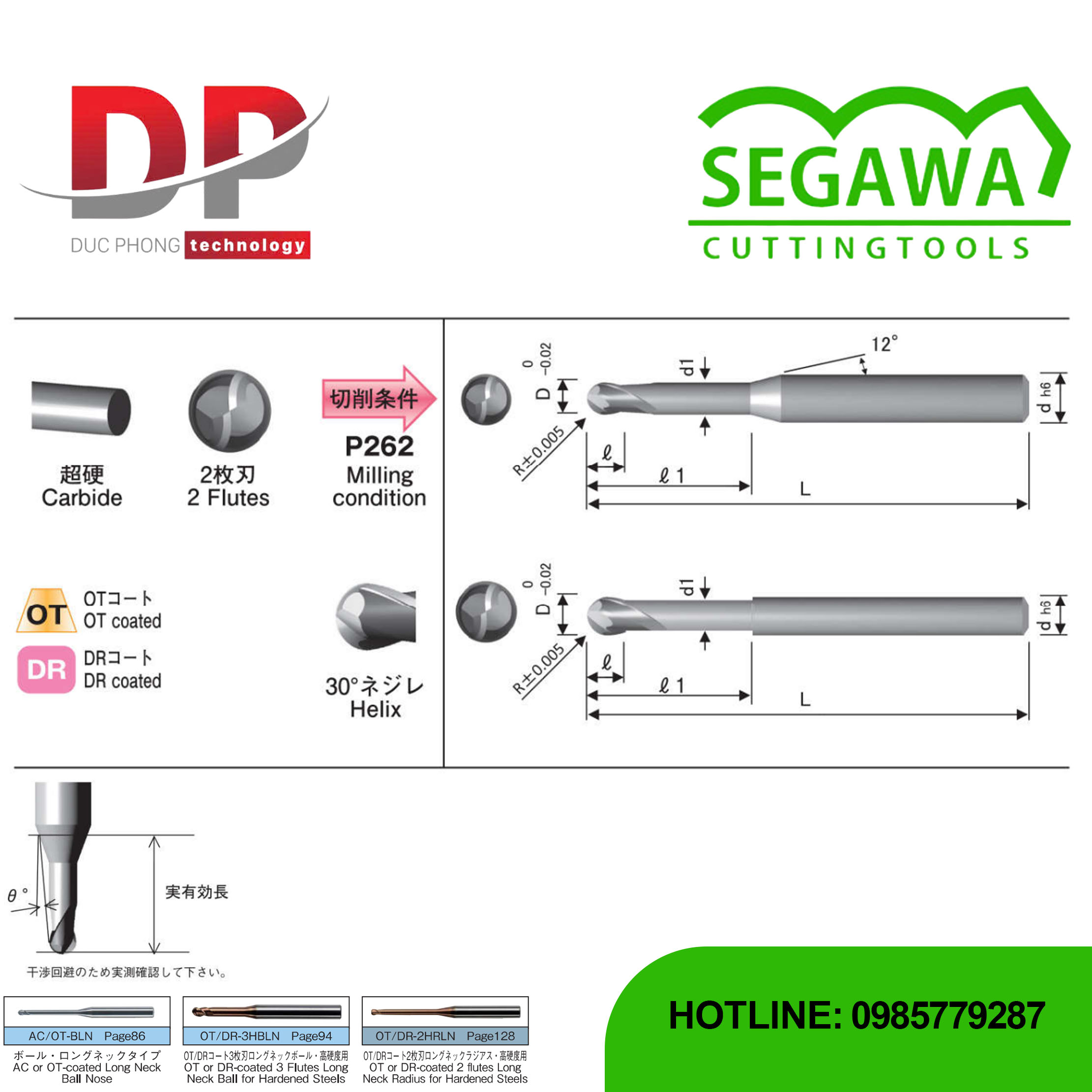 Dao phay ngón đầu cầu cổ dài OT-HBLN-OD và DR-HBLN-OD Carbide 2 me - Segawa