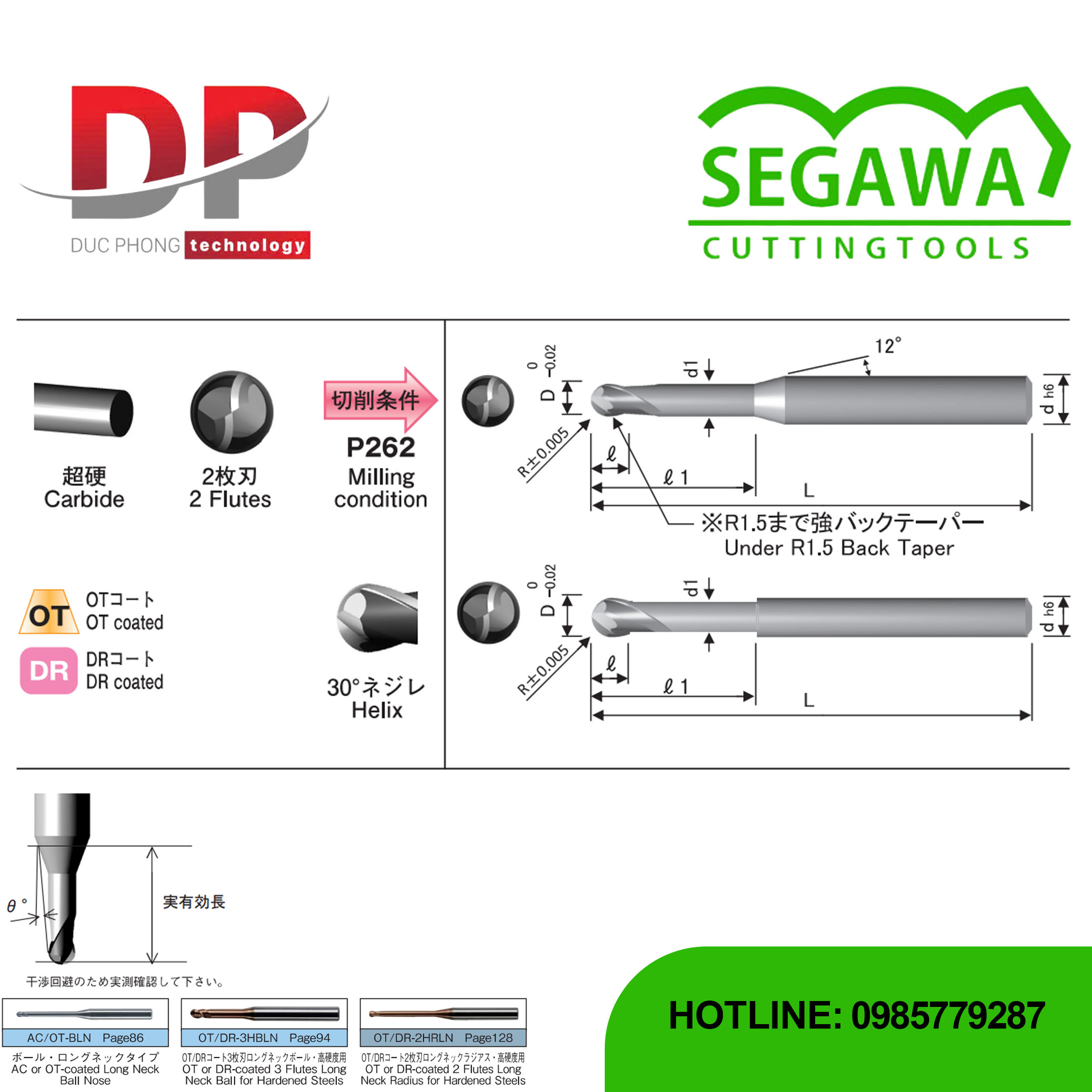 Dao phay ngón đầu cầu cổ dài OT-HBLN và DR-HBLN Carbide 2 me - Segawa