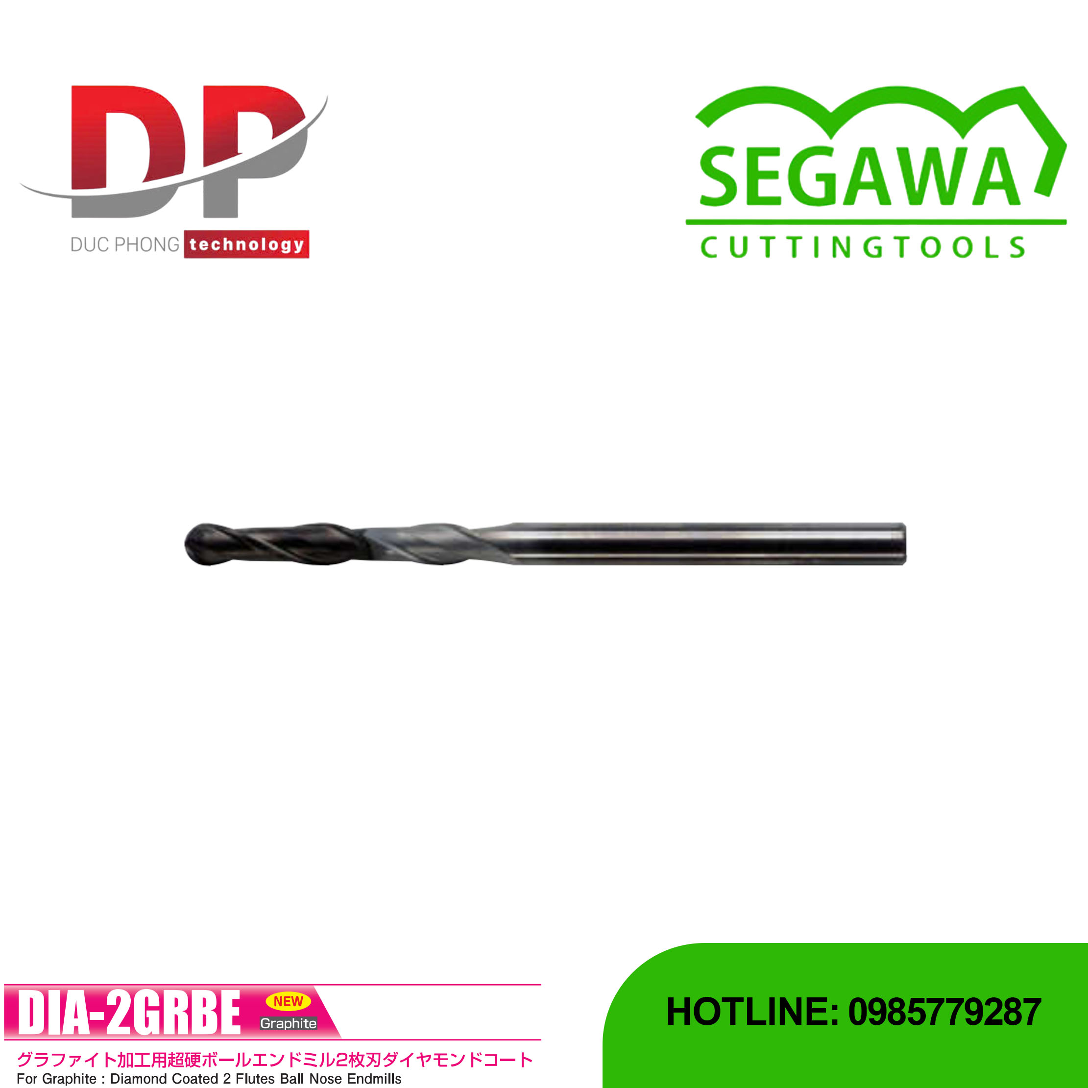 Dao phay ngón DIA-2GRBE đầu cầu Carbide 2 me có phủ Diamond - Segawa