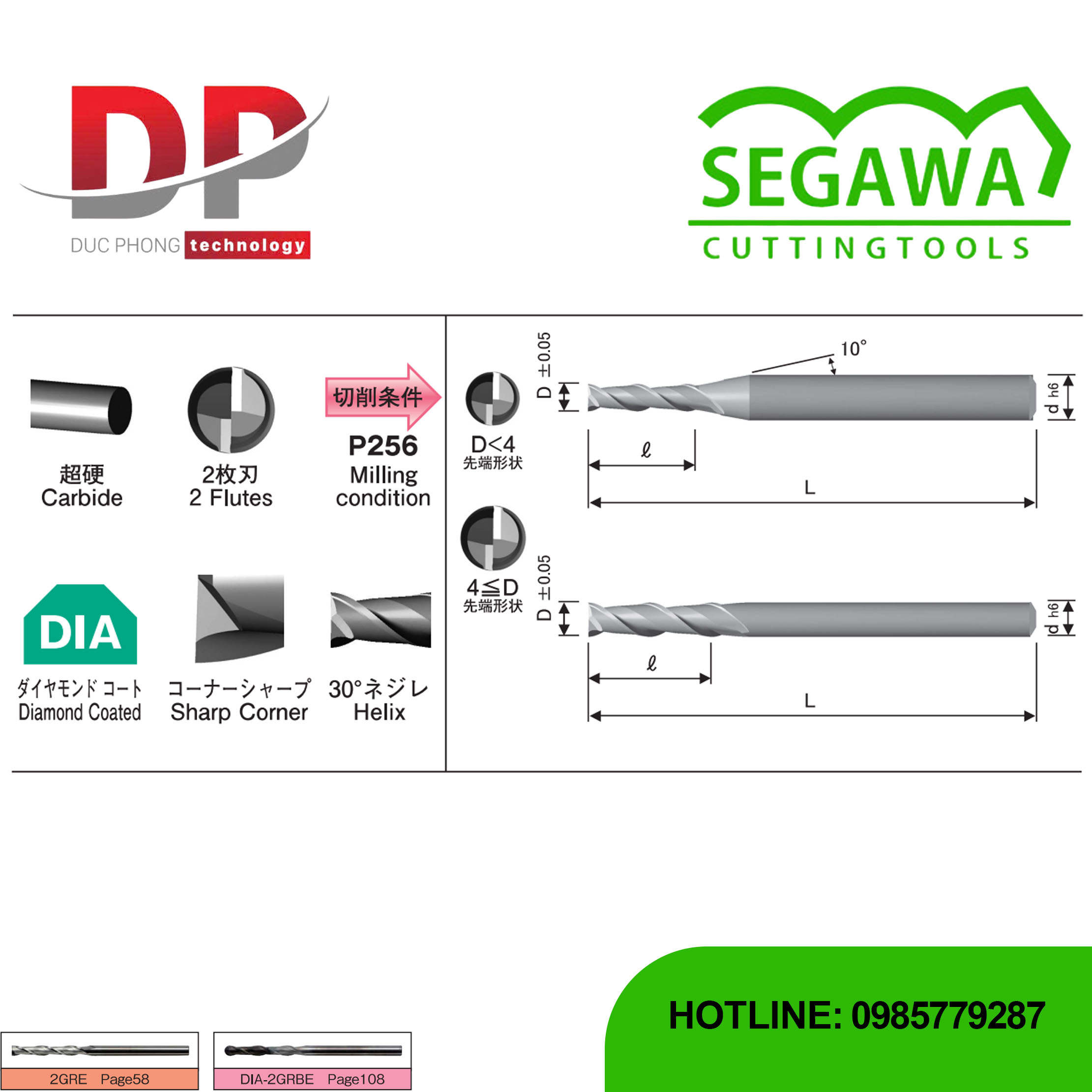 Dao phay ngón DIA-2GRE Carbide 2 me có phủ Kim cương - Segawa