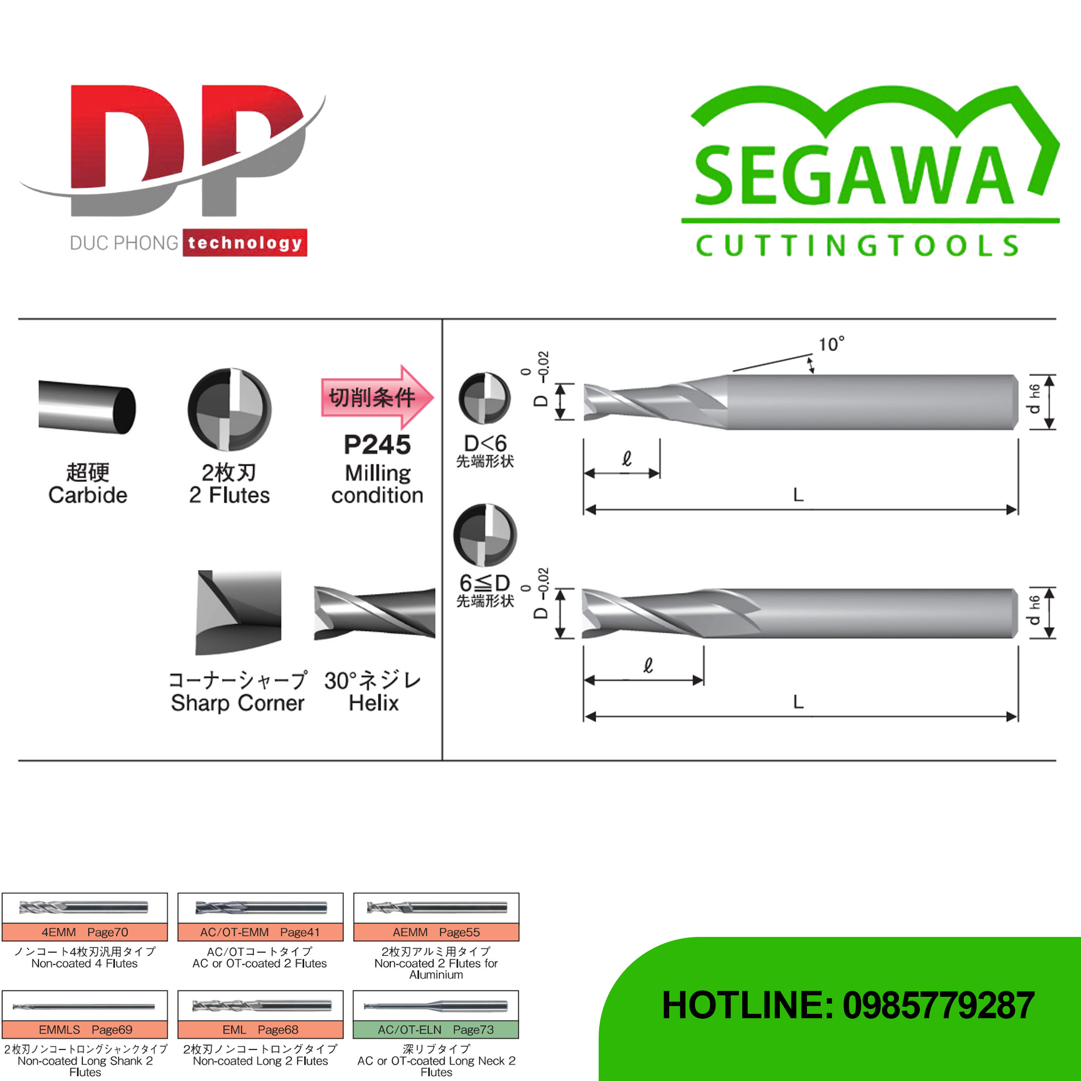 Dao phay ngón EMM Carbide 2 me không phủ - Segawa