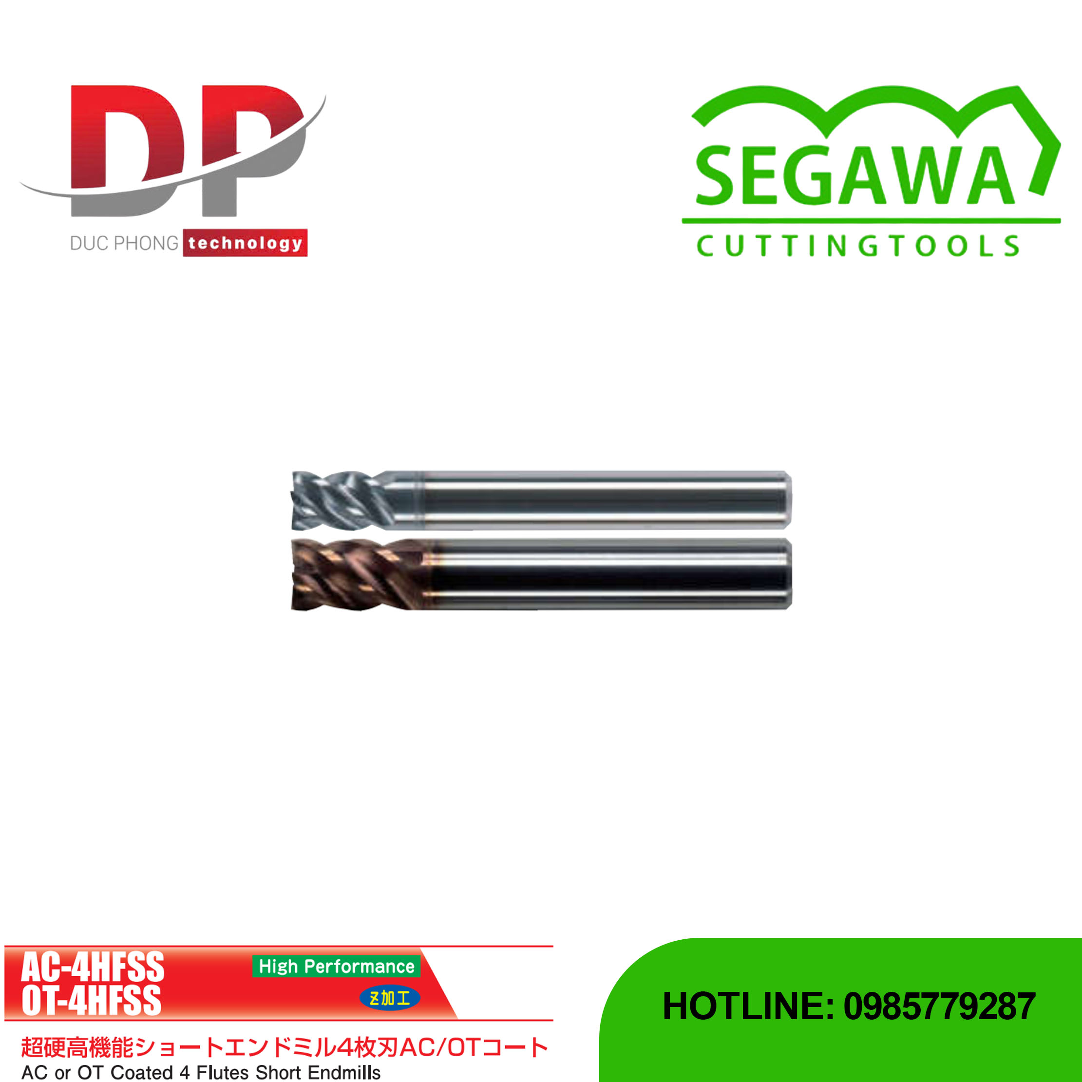 Dao phay ngón ngắn Carbide 4 me có phủ AC hoặc OT - Segawa (AC-4HFSS và OT-4HFSS)