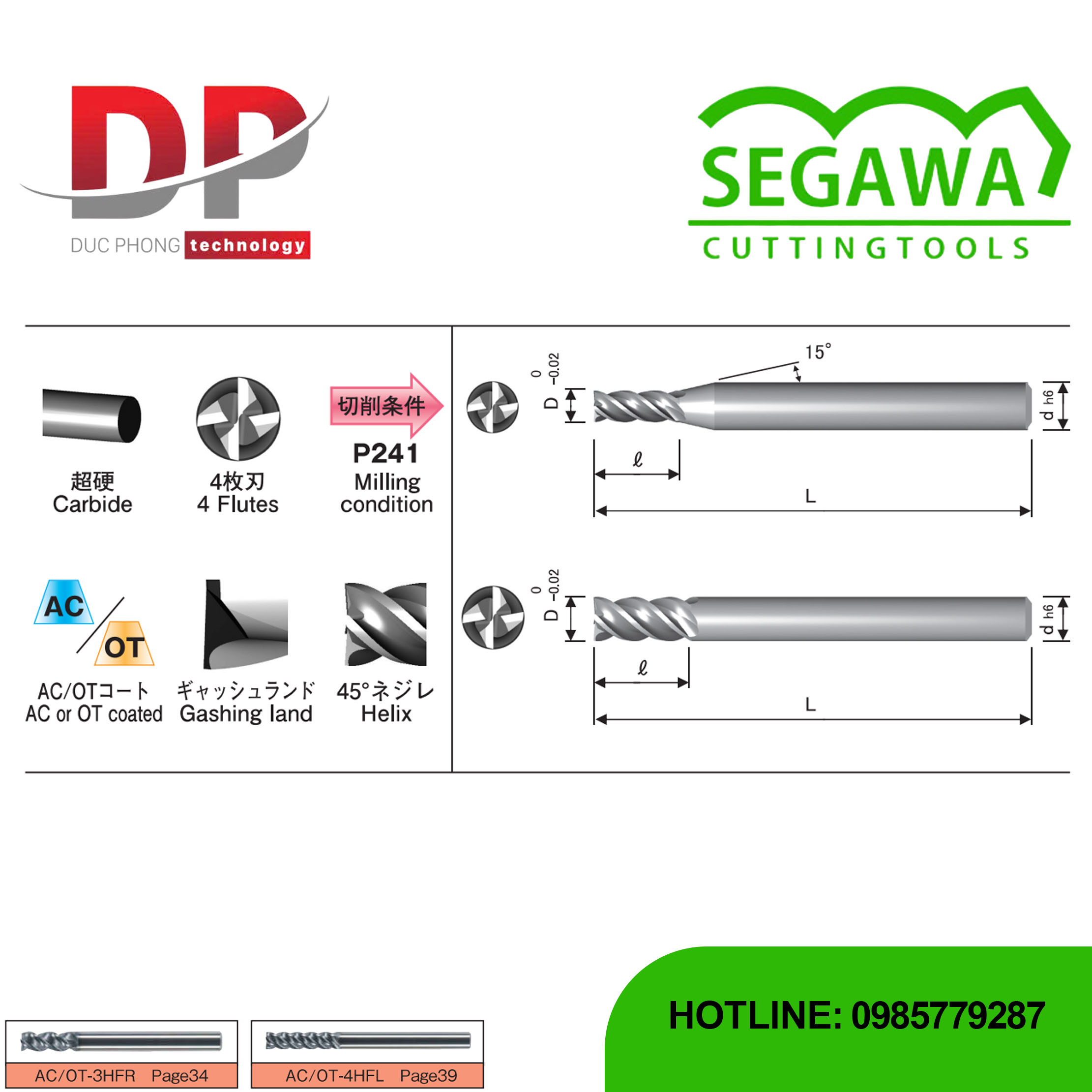Dao phay ngón ngắn Carbide 4 me có phủ AC hoặc OT - Segawa (AC-4HFSS và OT-4HFSS)