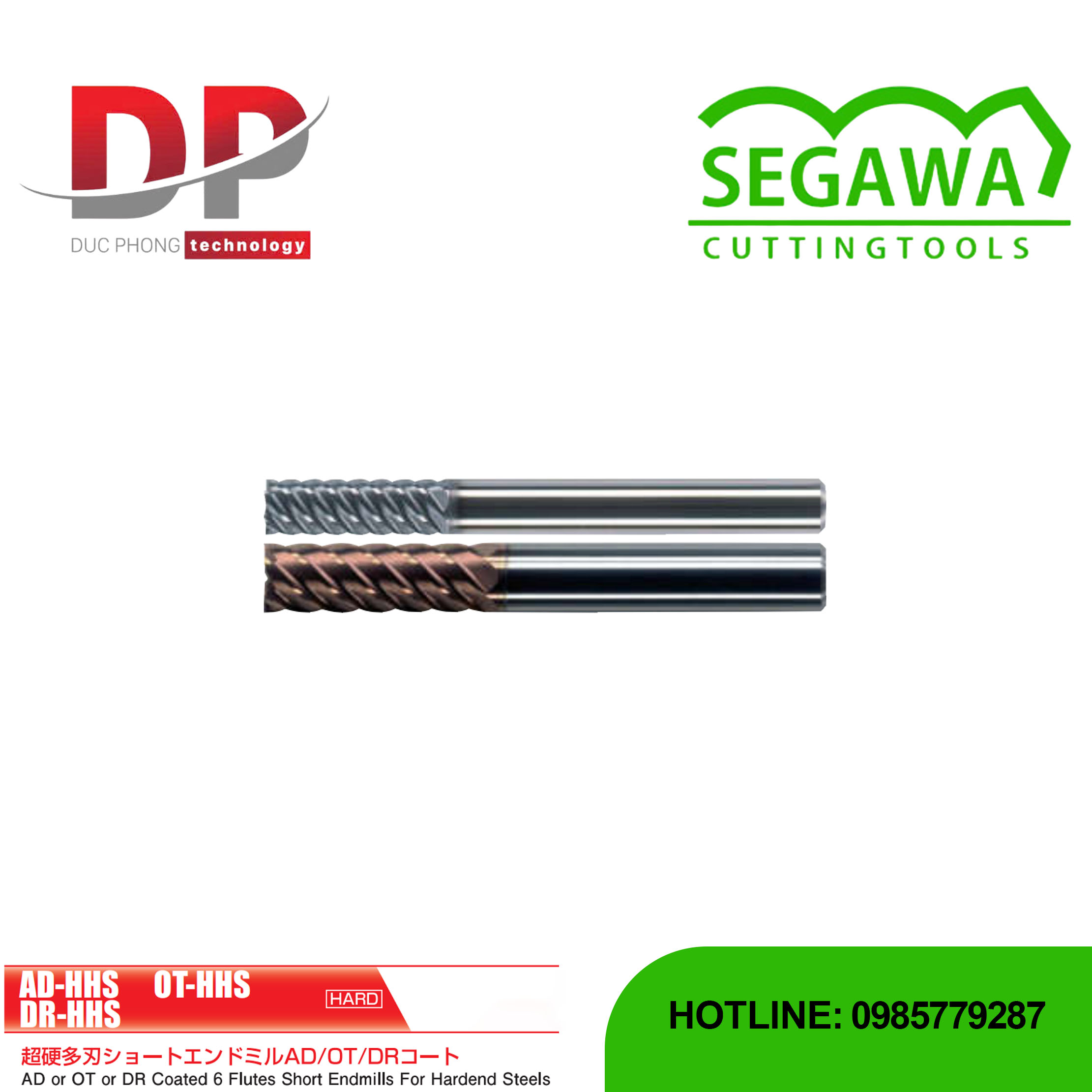 Dao phay ngón ngắn Carbide 6 me có phủ AD/OT/DR - Segawa (AD-HHS, OT-HHS, và DR-HHS)