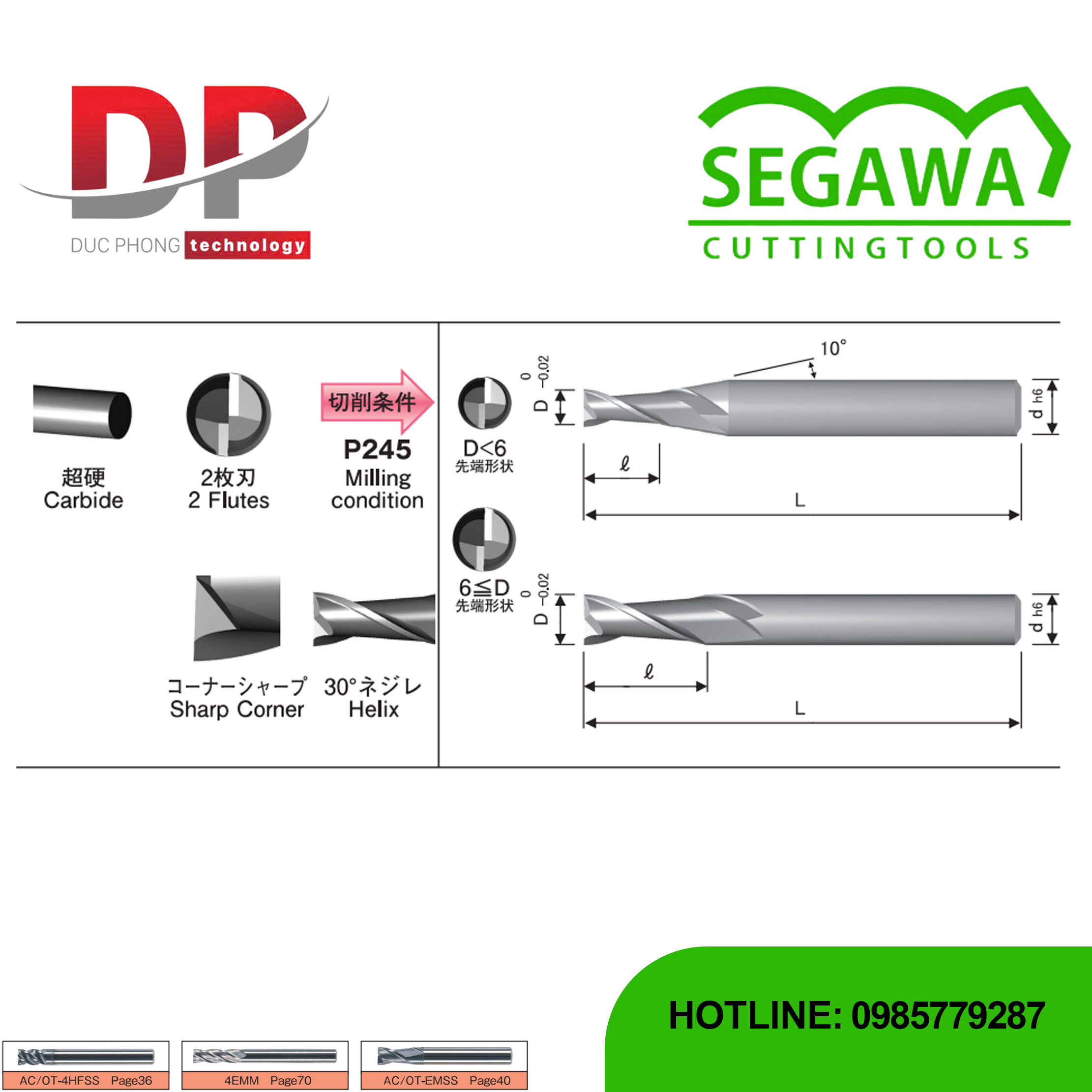Dao phay ngón ngắn EMSS Carbide 2 me không phủ - Segawa