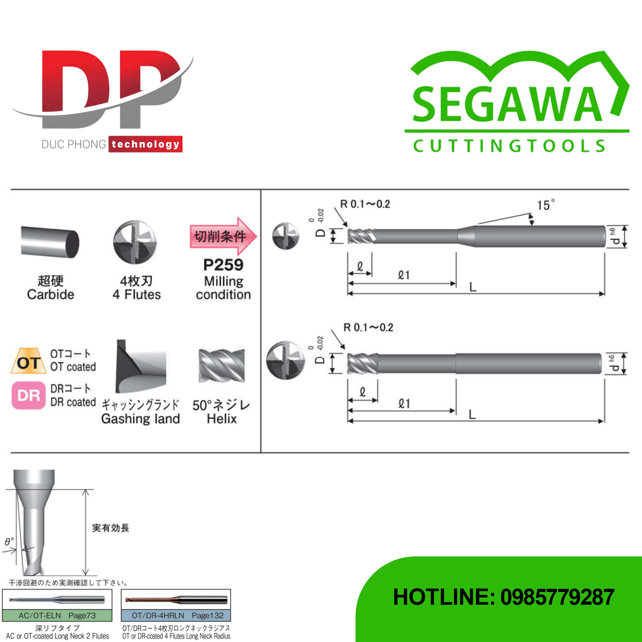 Dao phay ngón OT-4HELN-OD và DR-4HELN-OD cổ dài Carbide 4 me có phủ OT hoặc DR - Segawa