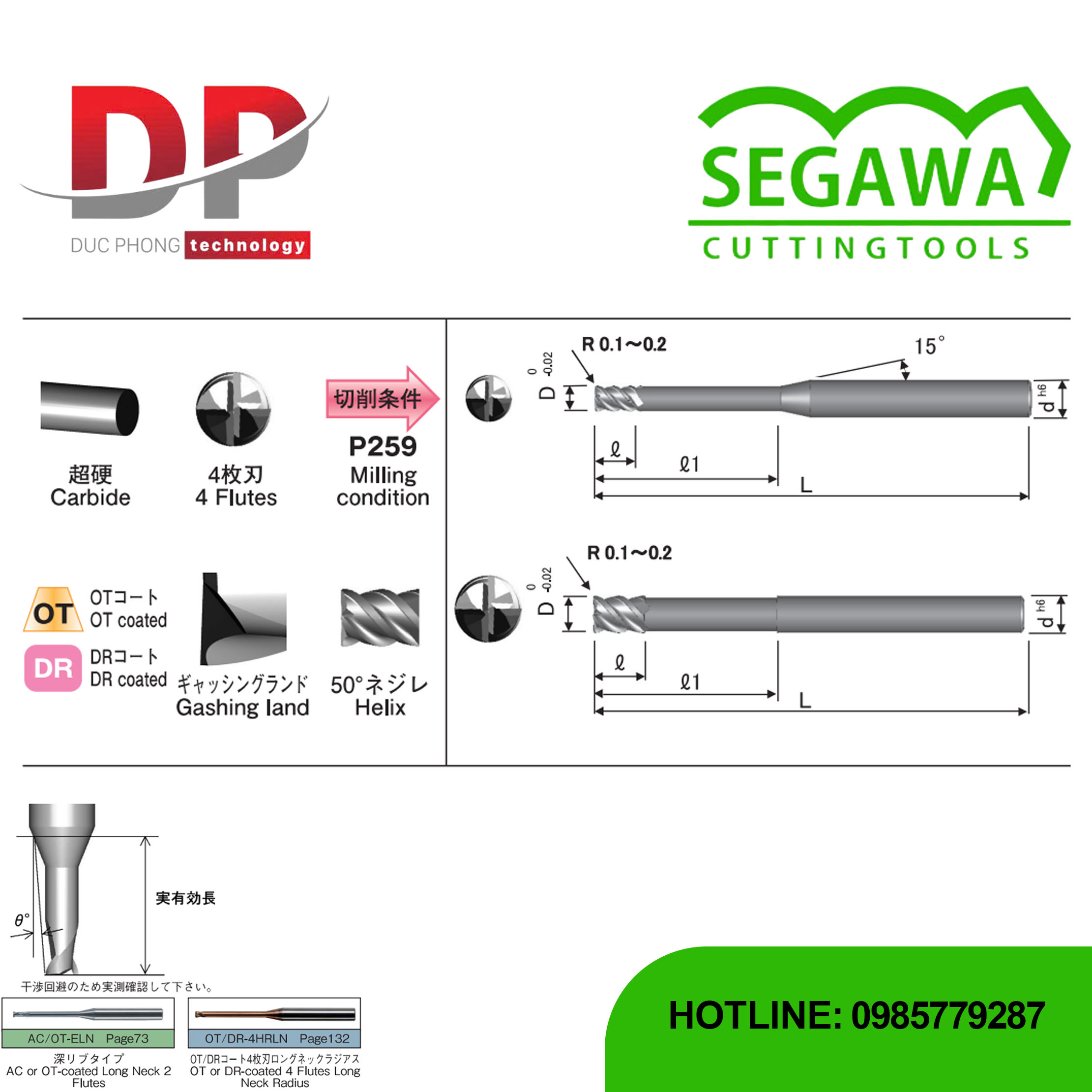 Dao phay ngón OT-4HELN và DR-4HELN cổ dài Carbide 4 me có phủ OT hoặc DR - Segawa