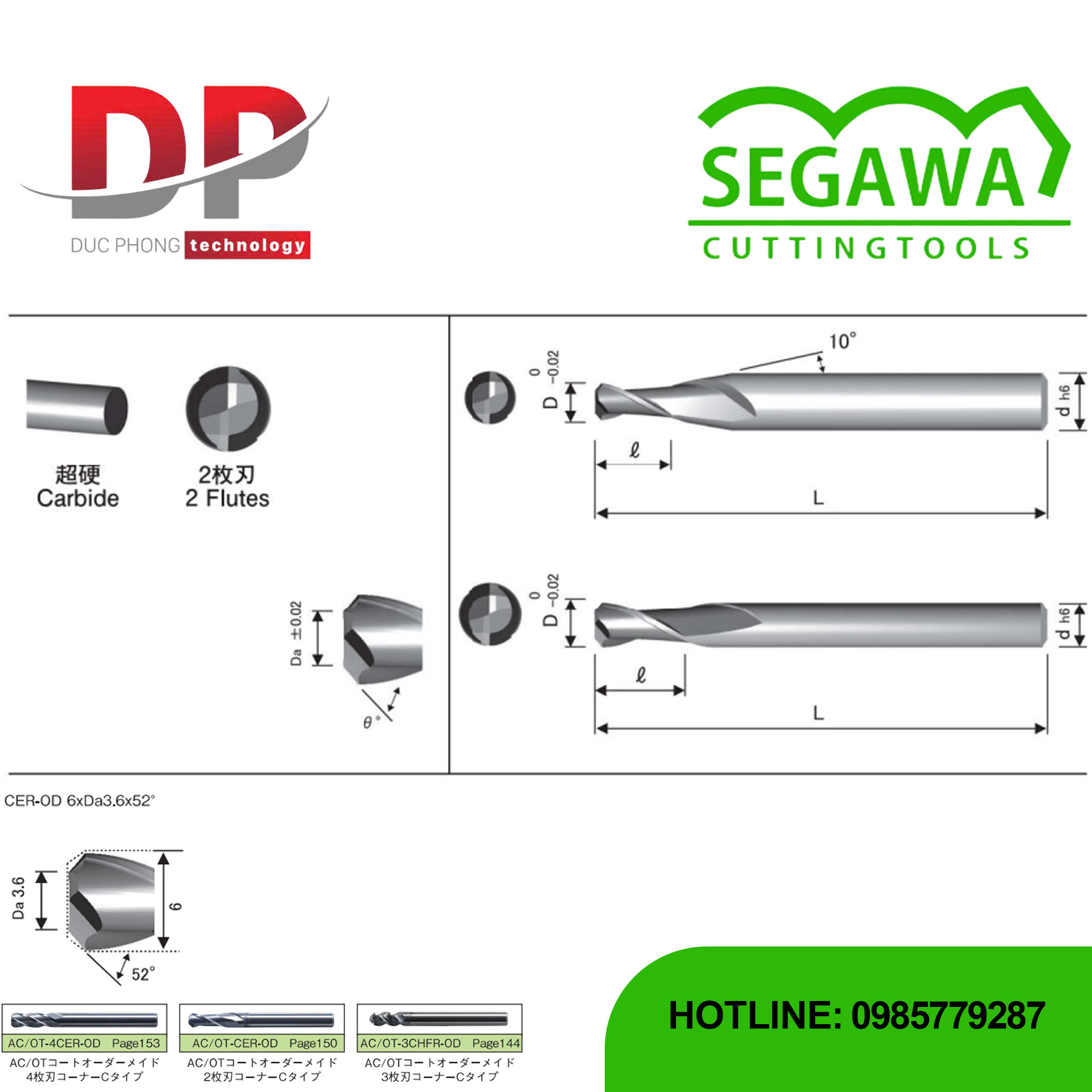 Dao phay ngón CER-OD Carbide 2 me - Segawa