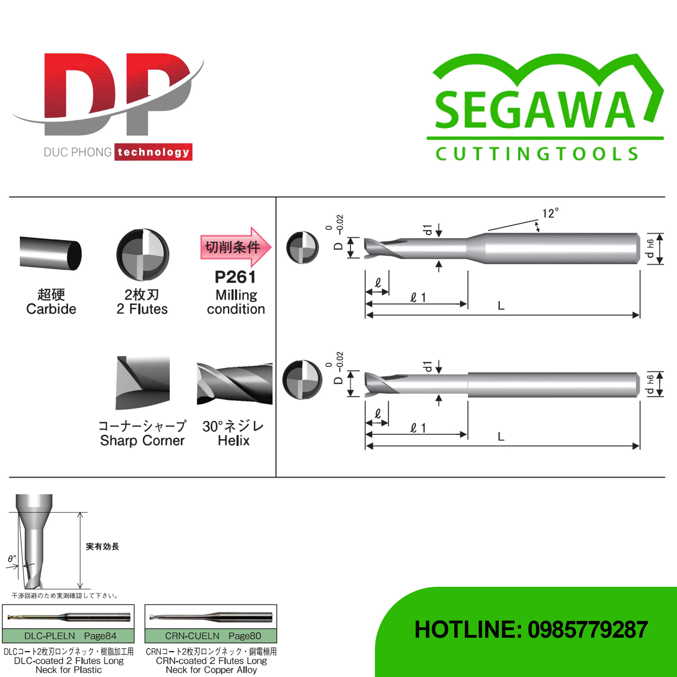 Dao phay ngón PLELN cổ dài Carbide 2 me không phủ - Segawa