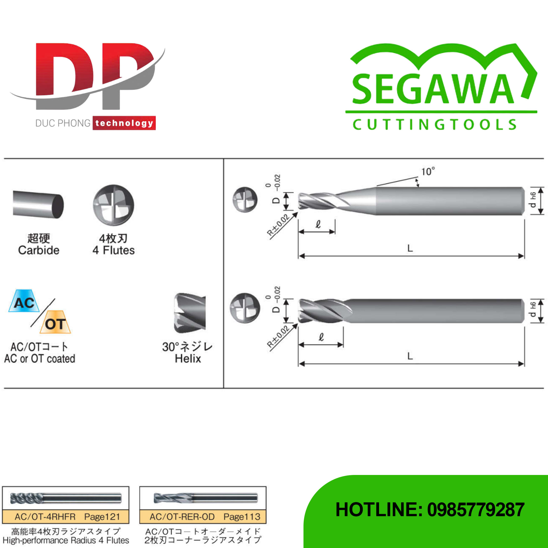 Dao phay ngón Radius AC-4RER-OD và OT-4RER-OD Carbide 4 me - Segawa