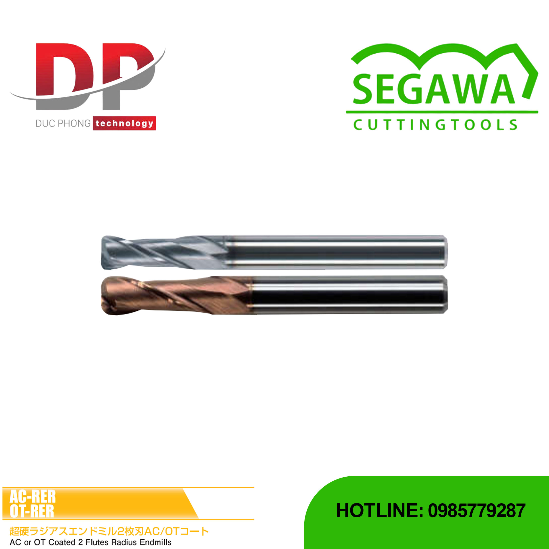 Dao phay ngón Radius AC-RER và OT-RER Carbide 2 me - Segawa