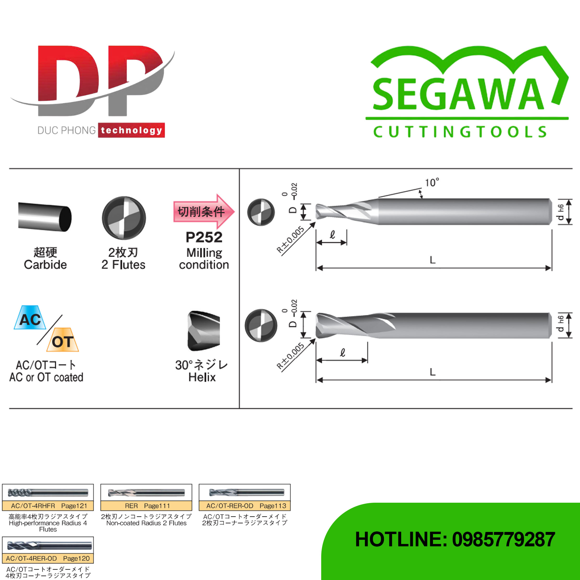 Dao phay ngón Radius AC-RER và OT-RER Carbide 2 me - Segawa