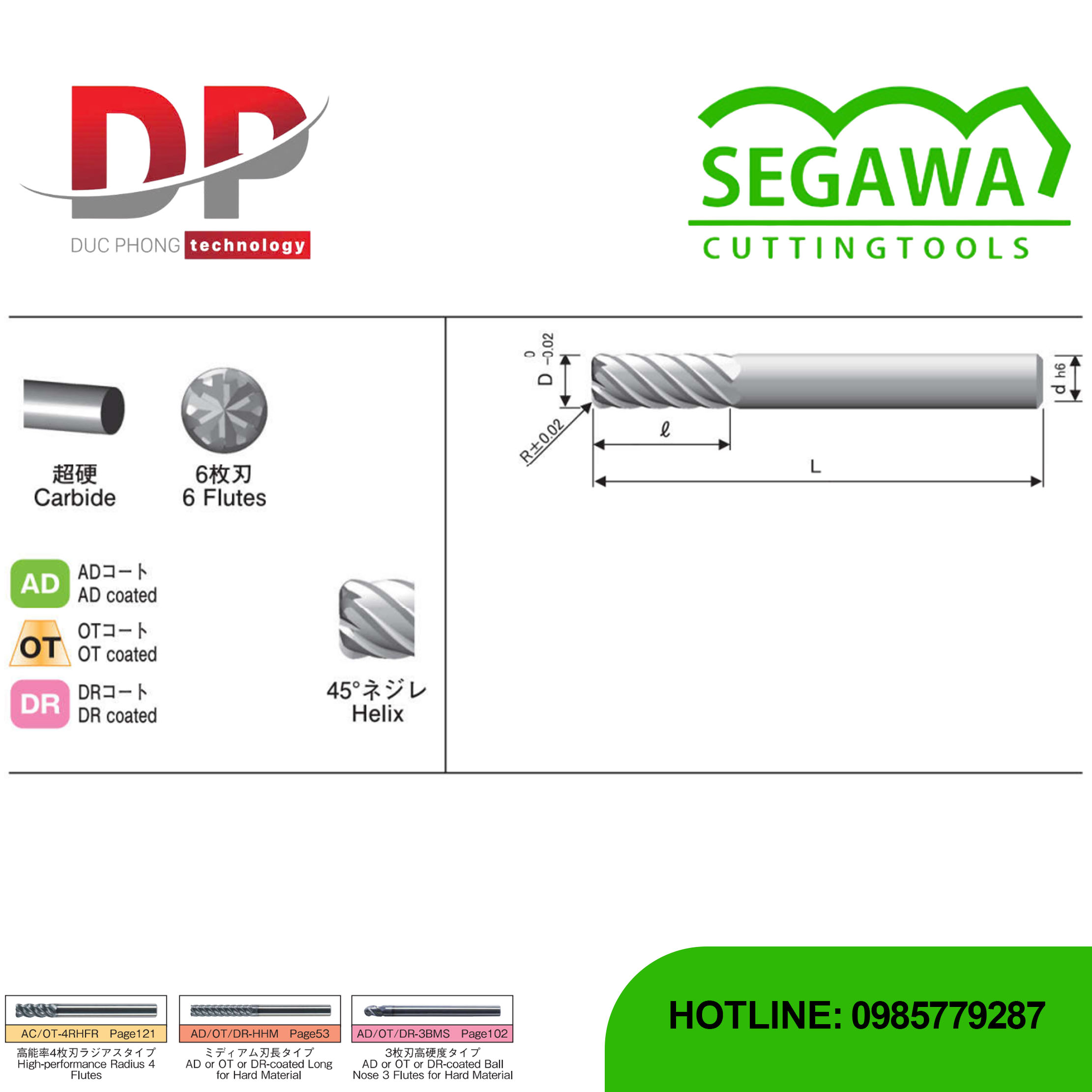 Dao phay ngón Radius AD/OT/DR]-RHHS-OD và AD/OT/DR]-RHHM-OD Carbide 6 me - Segawa