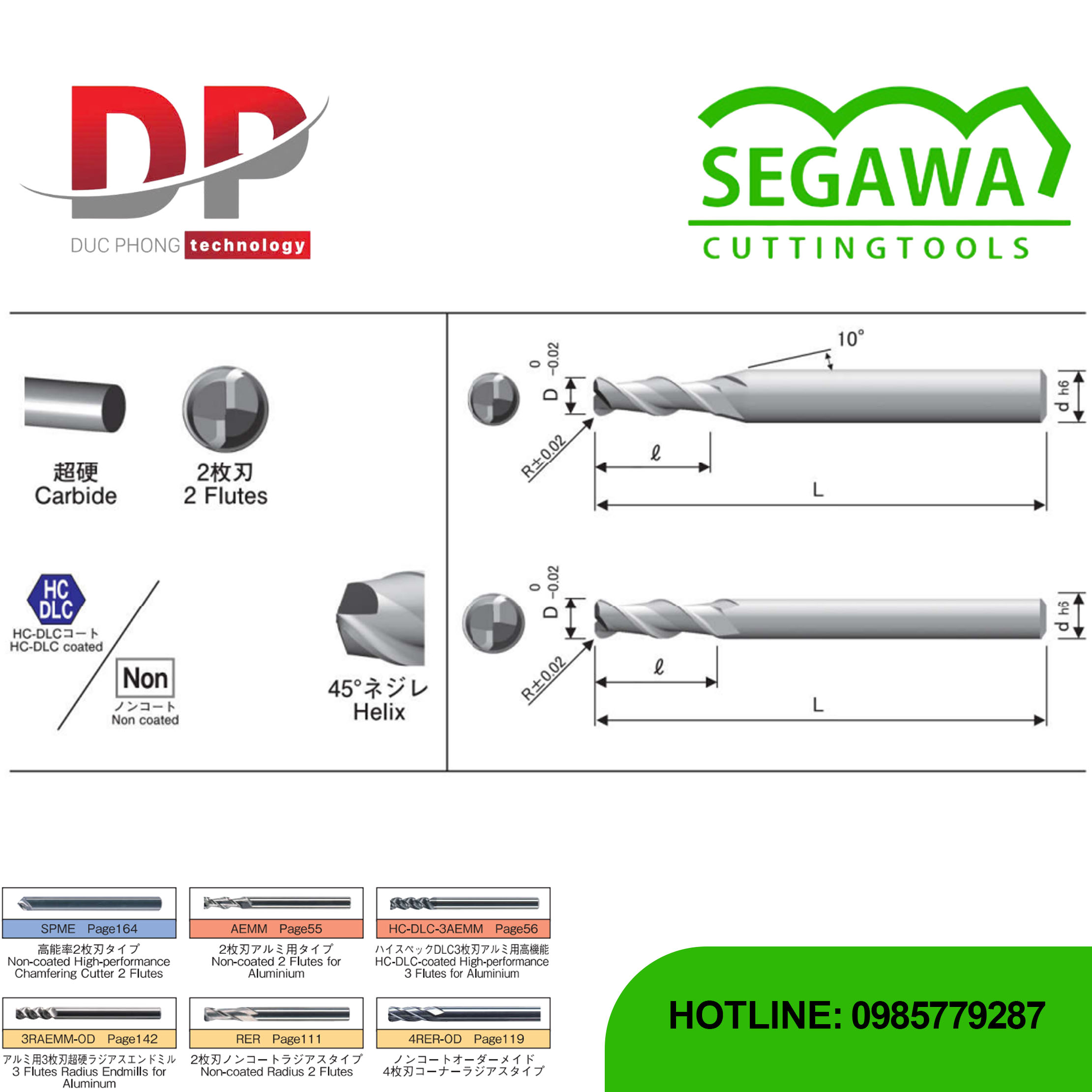 Dao phay ngón Radius HC-DLC-RAEMM-OD và RAEMM-OD Carbide 2 me - Segawa
