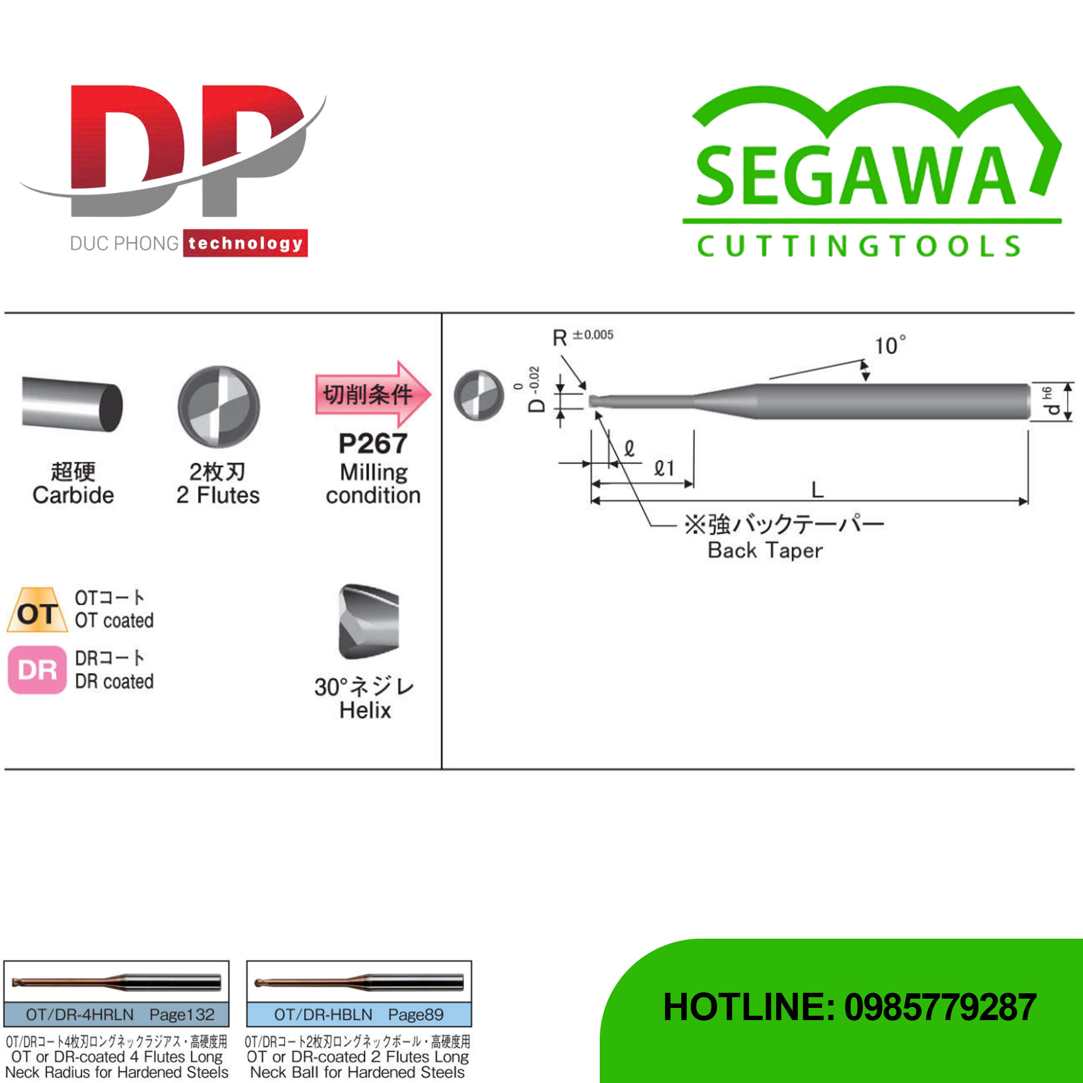 Dao phay ngón Radius OT-2HRLN-OD và DR-2HRLN-OD Carbide 2 me - Segawa