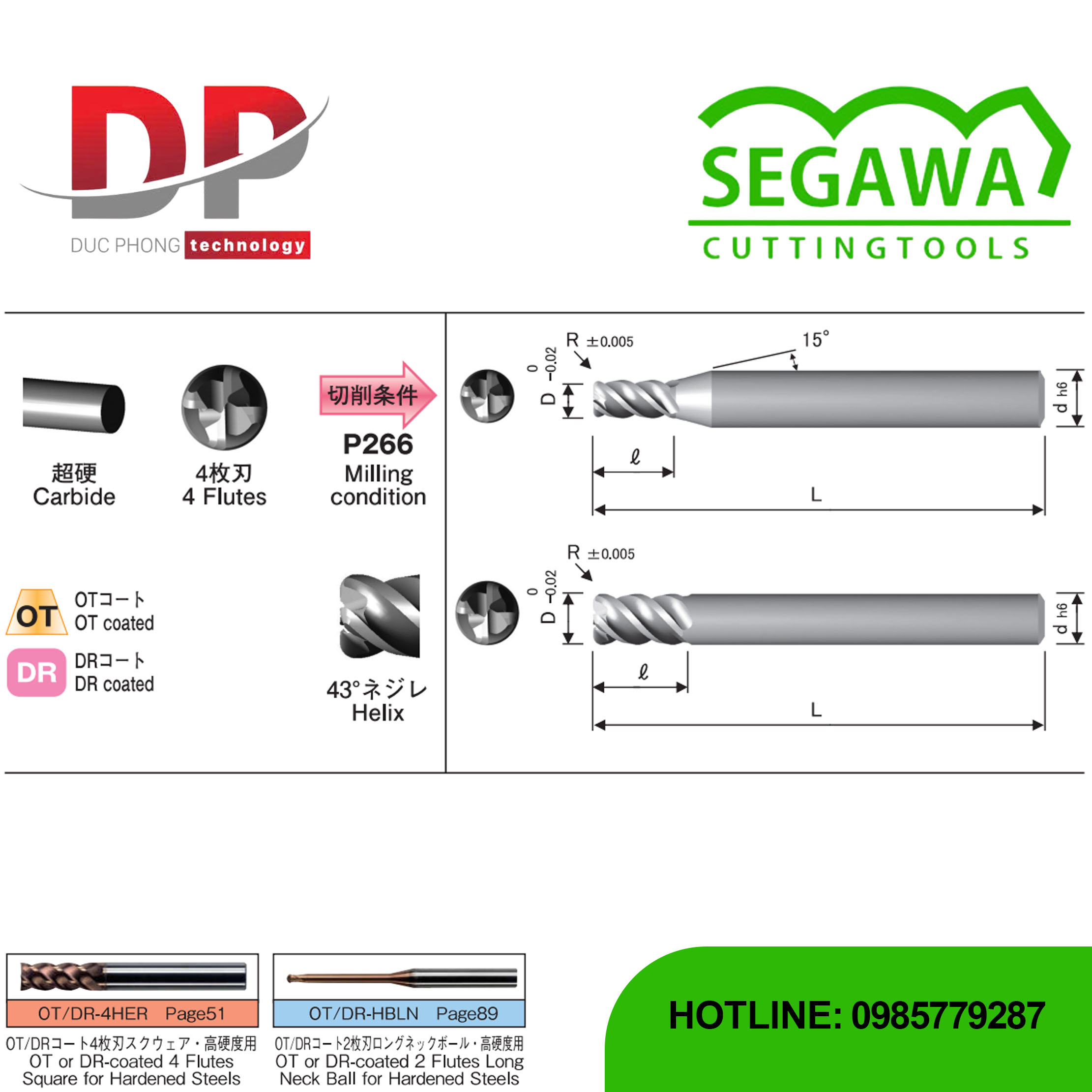 Dao phay ngón Radius OT-4HRER và DR-4HRER Carbide 4 me - Segawa