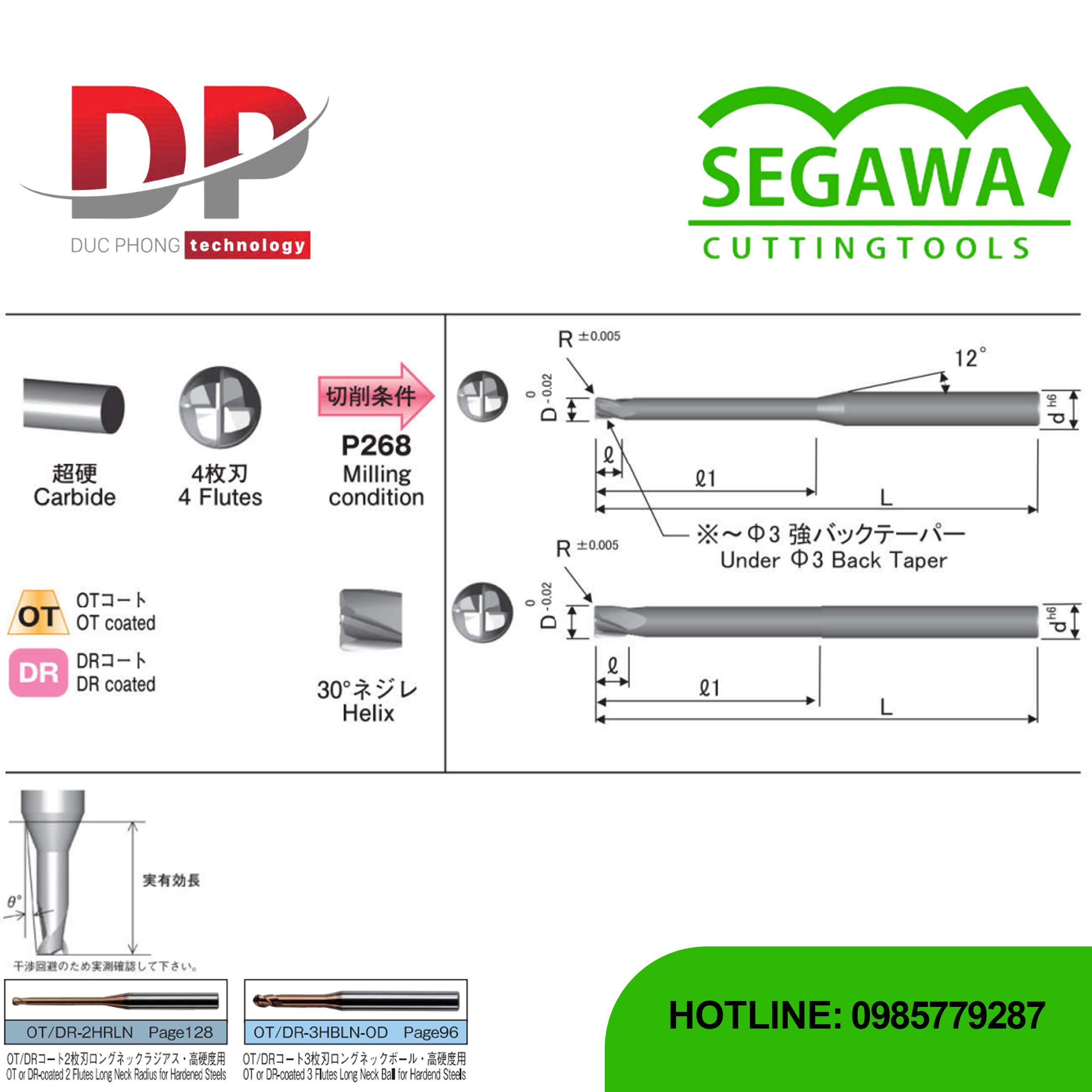 Dao phay ngón Radius OT-4HRLN-OD và DR-4HRLN-OD Carbide 4 me - Segawa