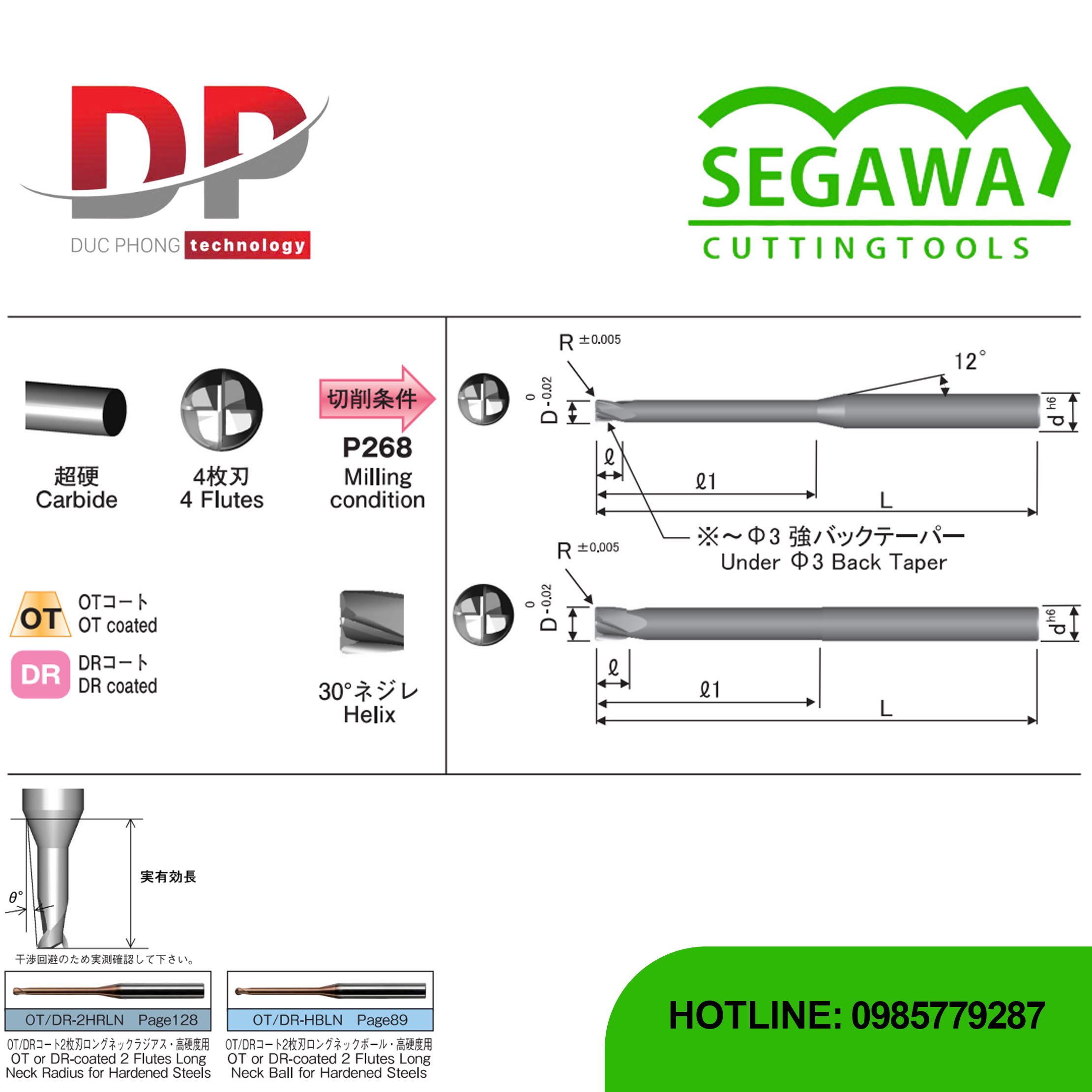 Dao phay ngón Radius OT-4HRLN và DR-4HRLN Carbide 4 me - Segawa