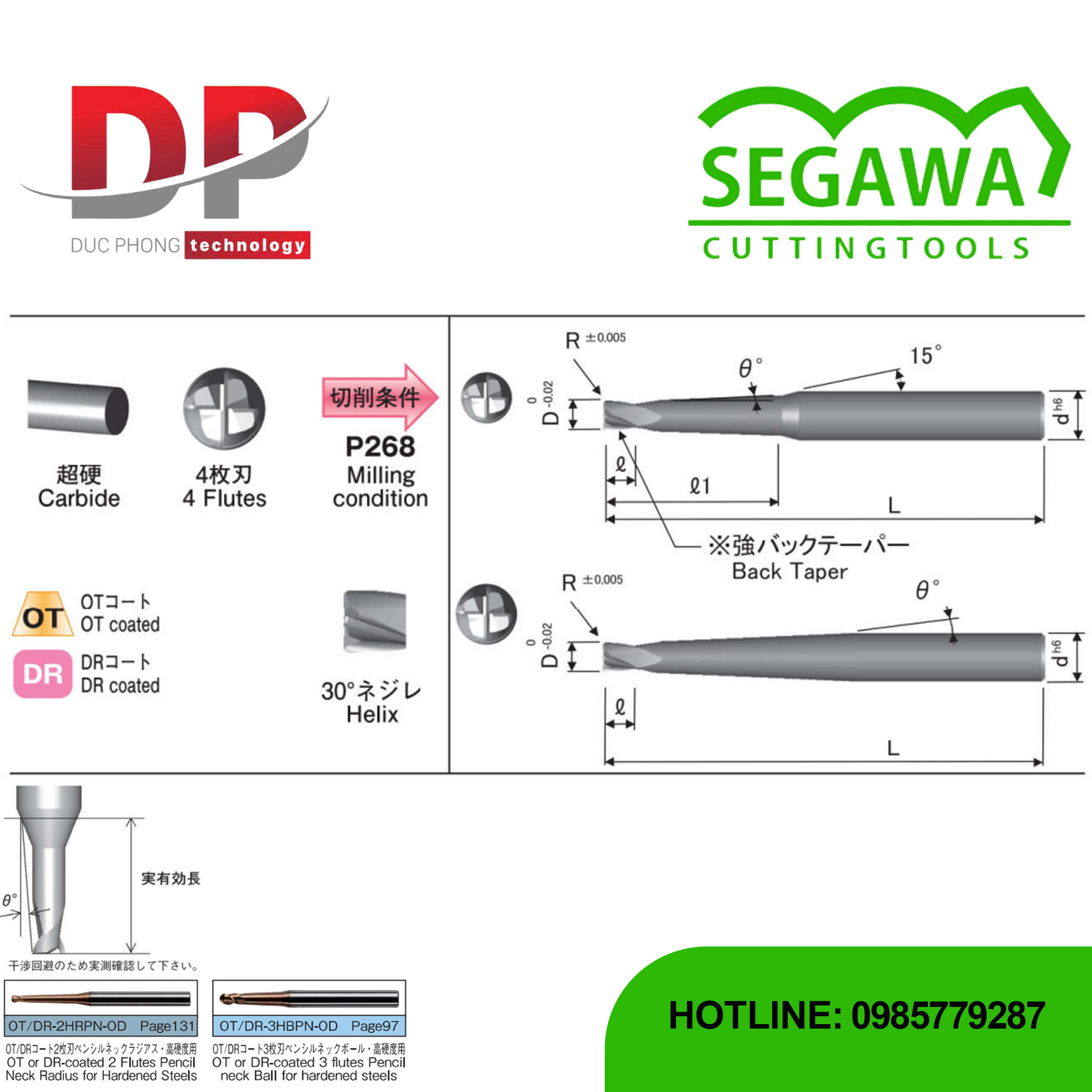 Dao phay ngón Radius OT-4HRPN-OD và DR-4HRPN-OD Carbide 4 me - Segawa