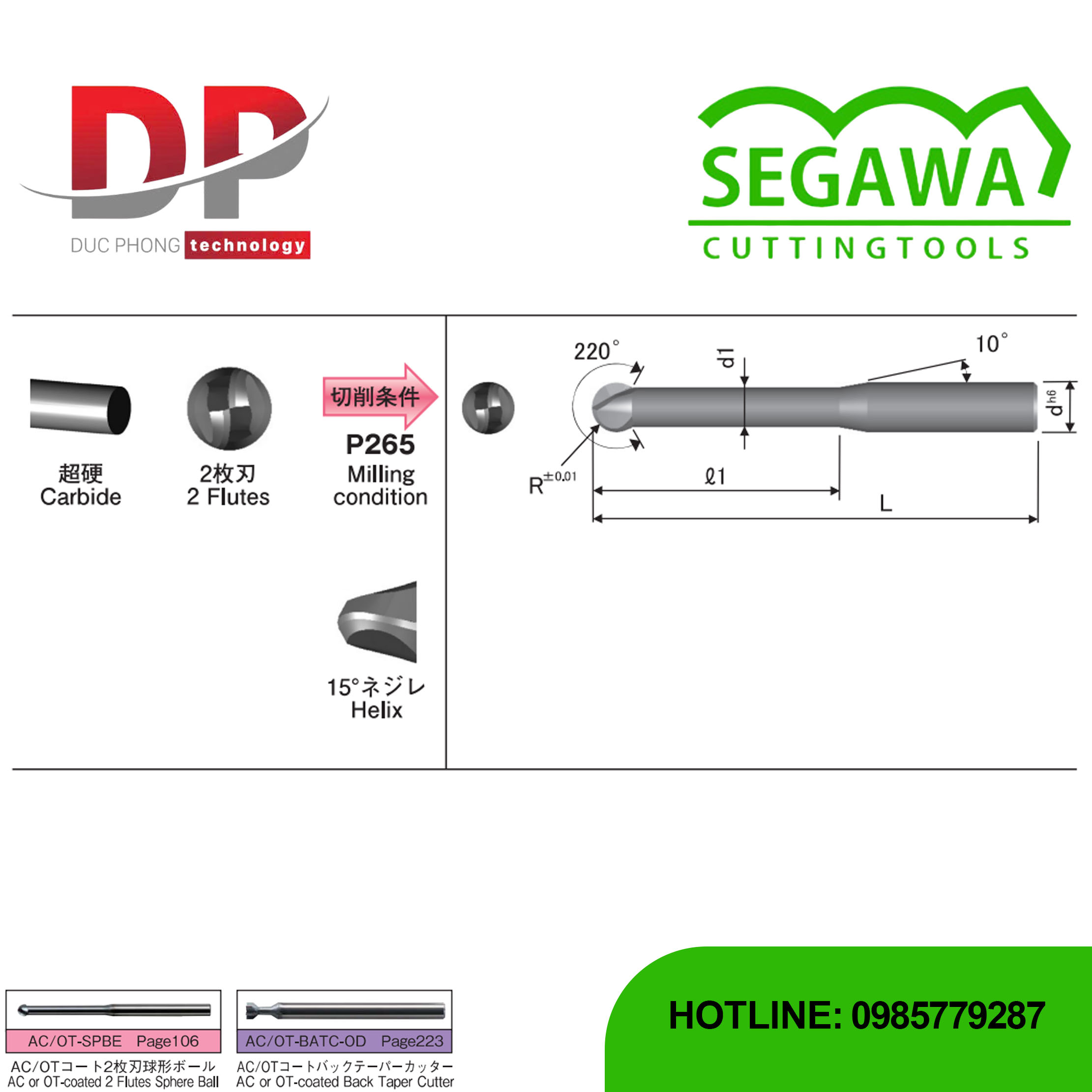 Dao phay ngón SPBE đầu cầu cổ dài Carbide 2 me - Segawa