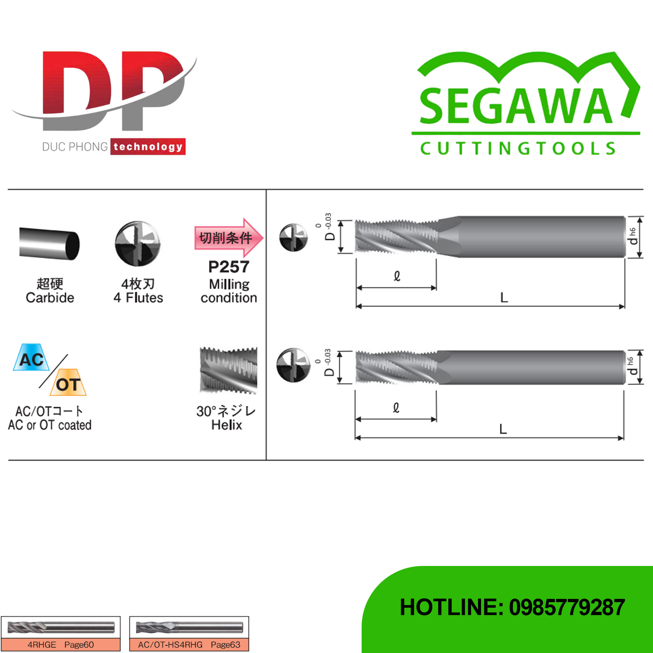 Dao phay ngón thô Carbide 4 me có phủ AC hoặc OT - Segawa (AC-4RHGE và OT-4RHGE)