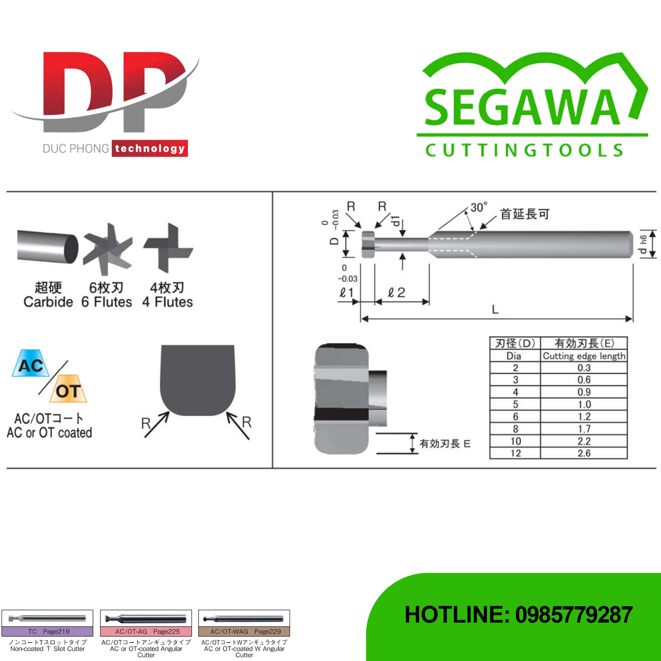 Dao phay rãnh T AC-TC-OD và OT-TC-OD Carbide 4 hoặc 6 me - Segawa