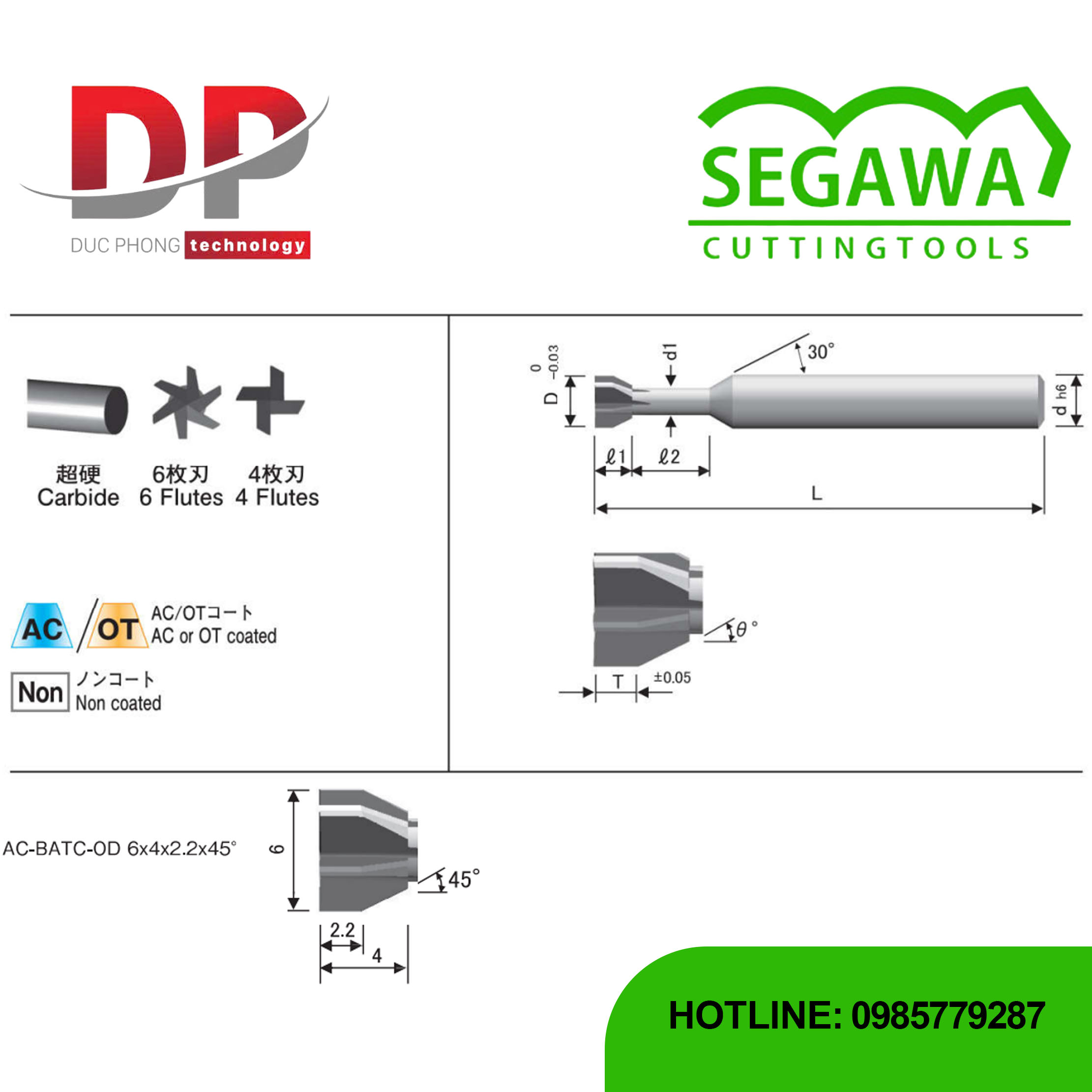 Dao phay T rãnh góc ngược BATC-OD, AC-BATC-OD và OT-BATC-OD Carbide 4-6 me - Segawa