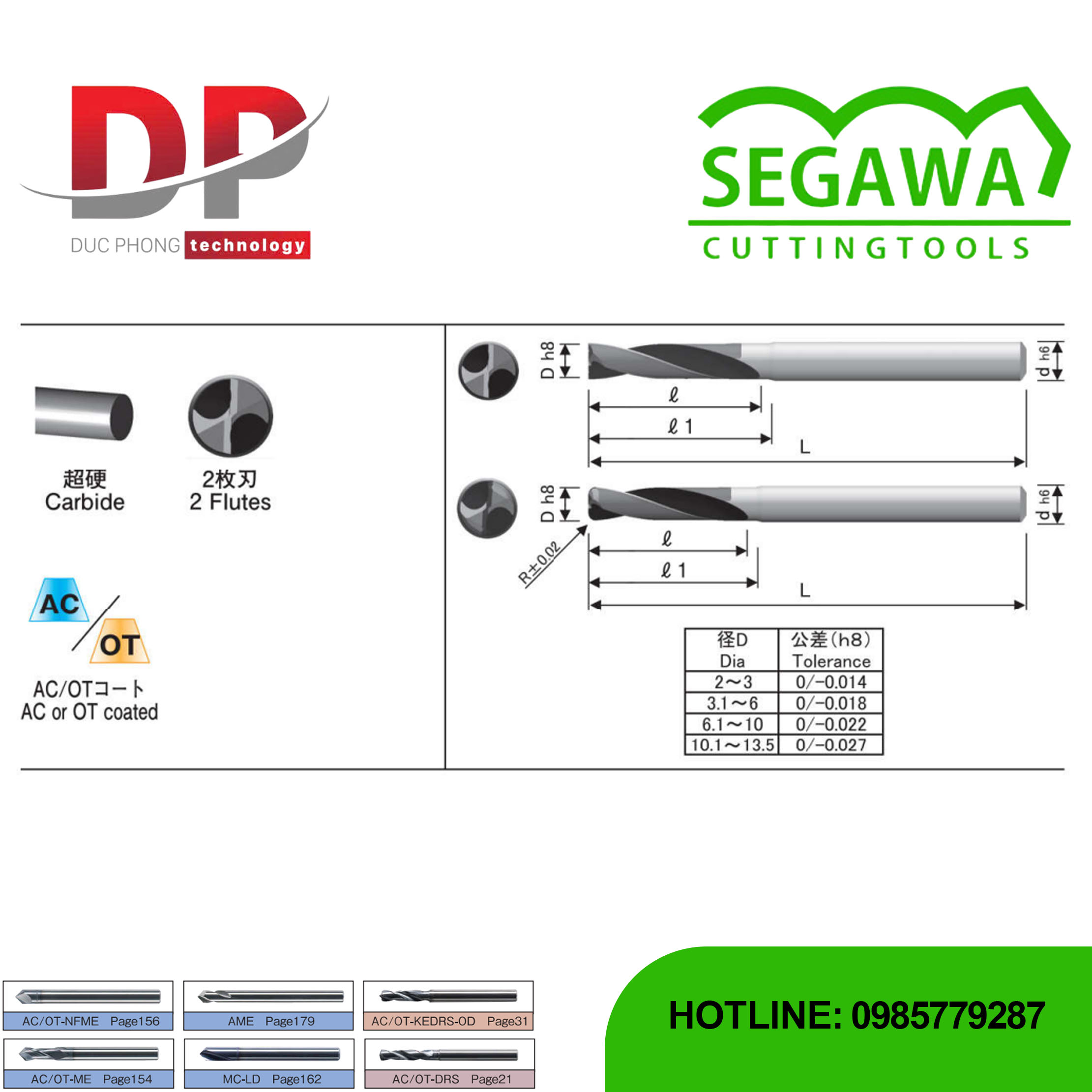 Mũi khoan Carbide đáy phẳng có phủ AC hoặc OT - Segawa (AC-FDRS-OD và OT-FDRS-OD)