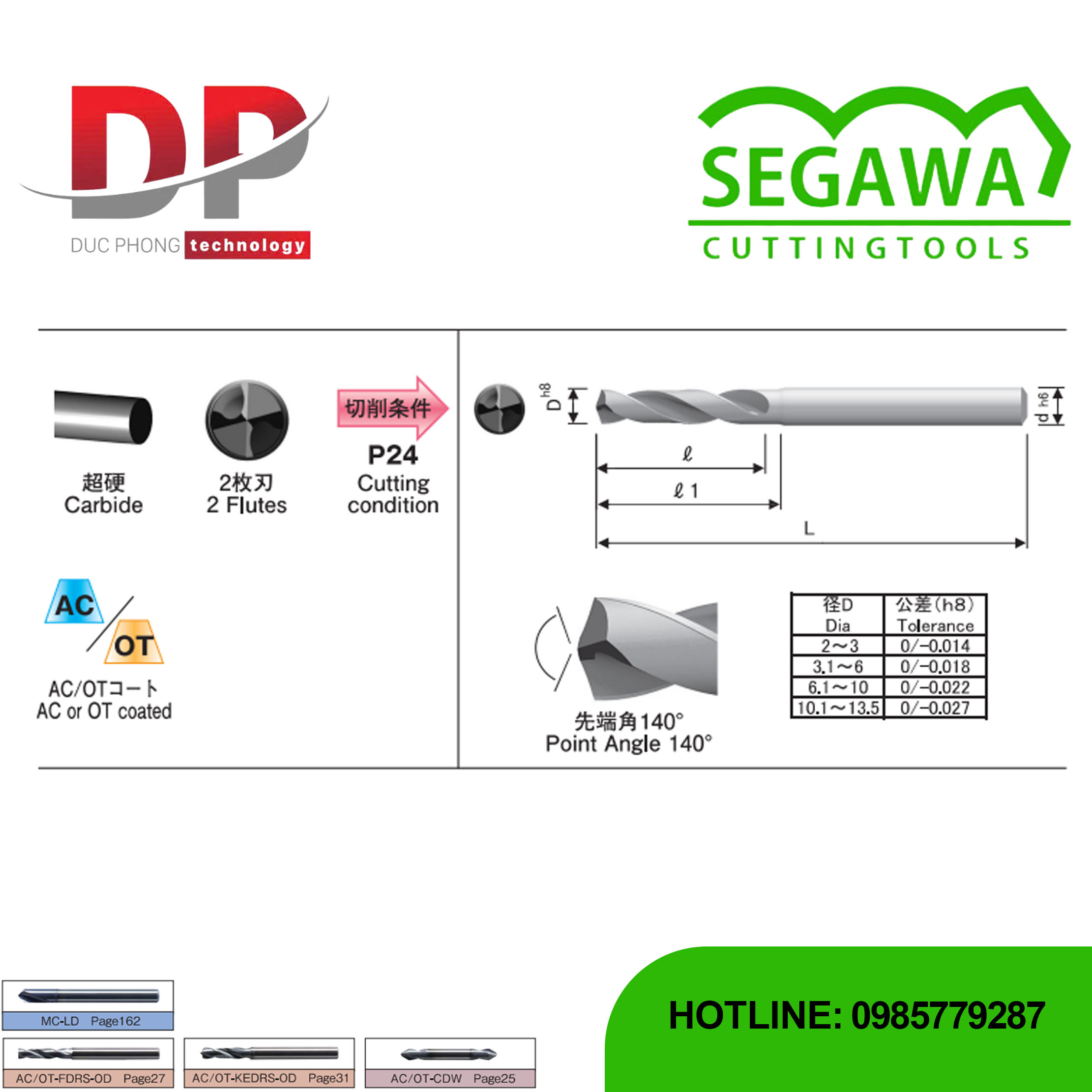 Mũi khoan đa năng Carbide có phủ AC hoặc OT - Segawa (AC DRS - OT DRS)
