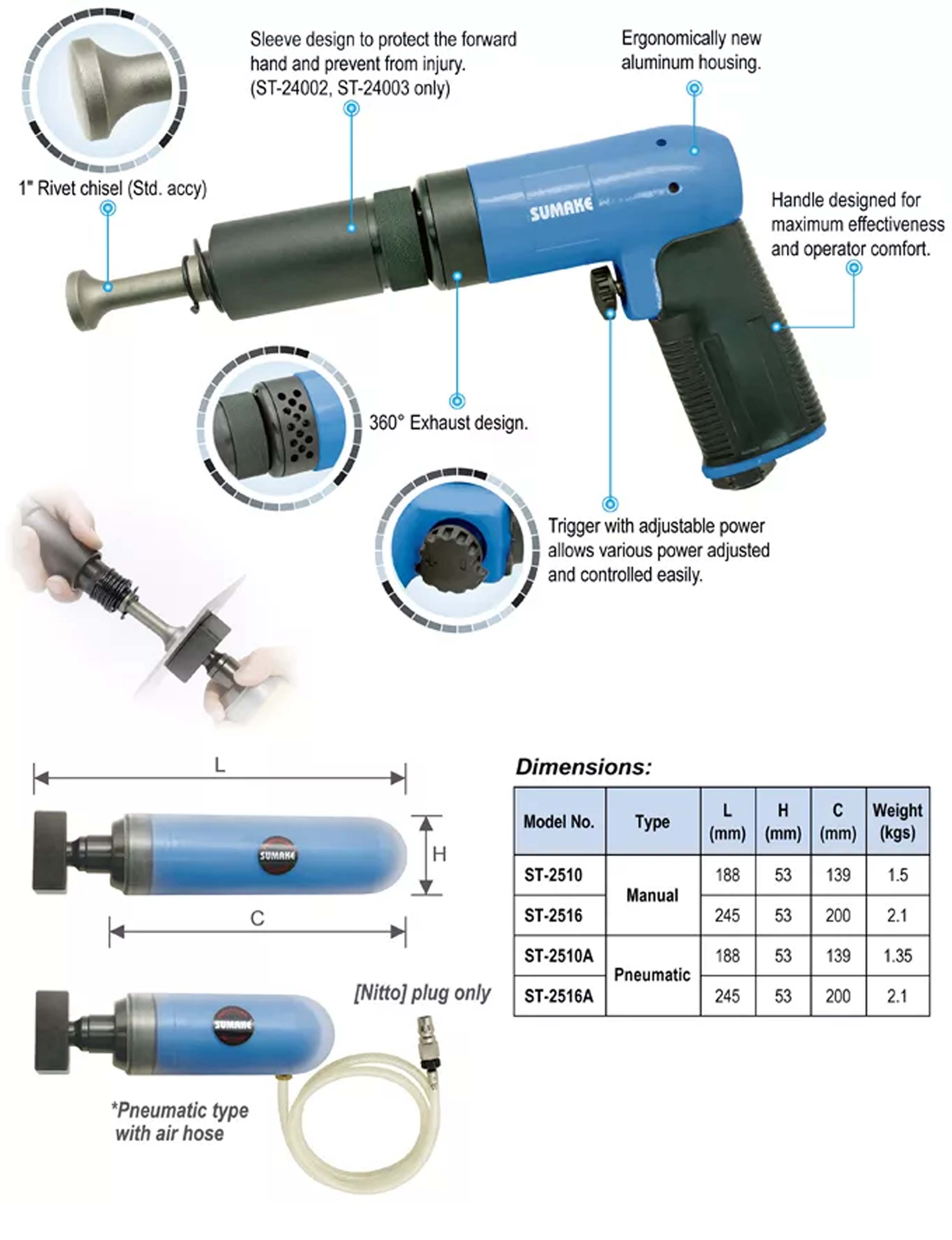 Hệ thống búa tán đinh hơi giảm rung Sumake ST-24002, ST-24003