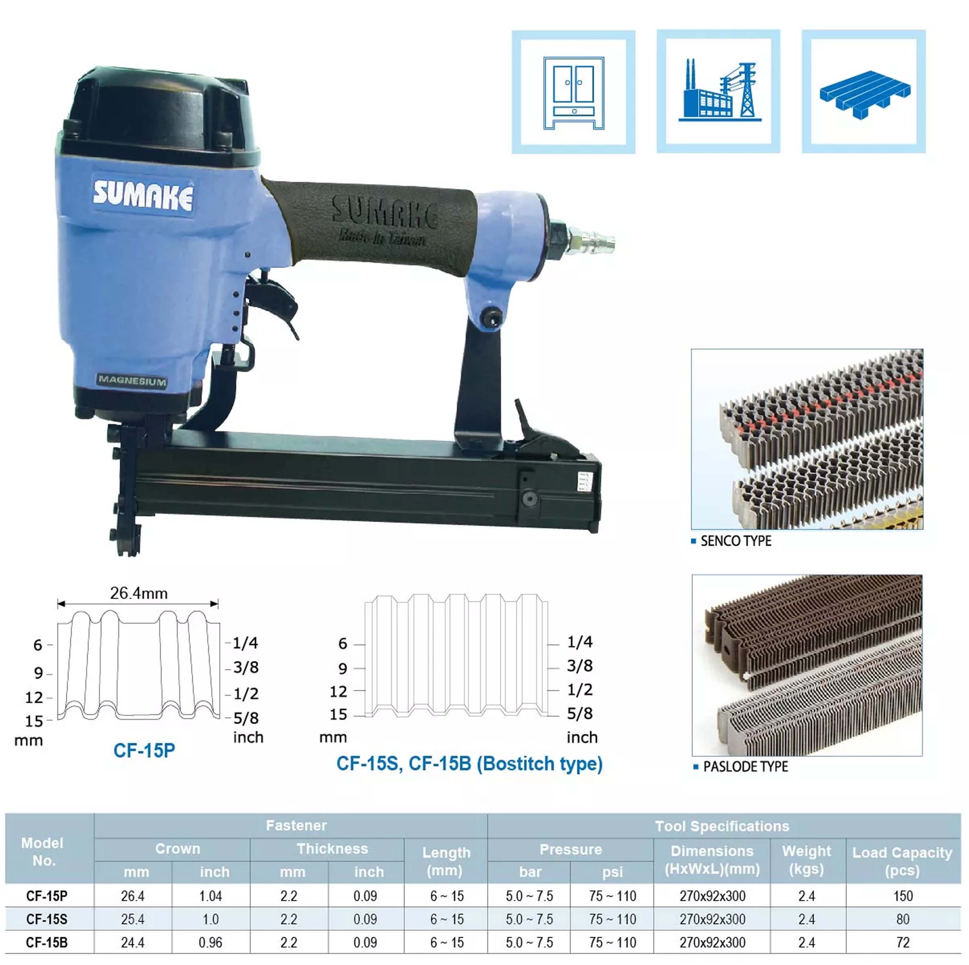 Máy bắn đai sóng hơi Sumake CF-15P, CF-15S, CF-15B, vỏ hợp kim magie