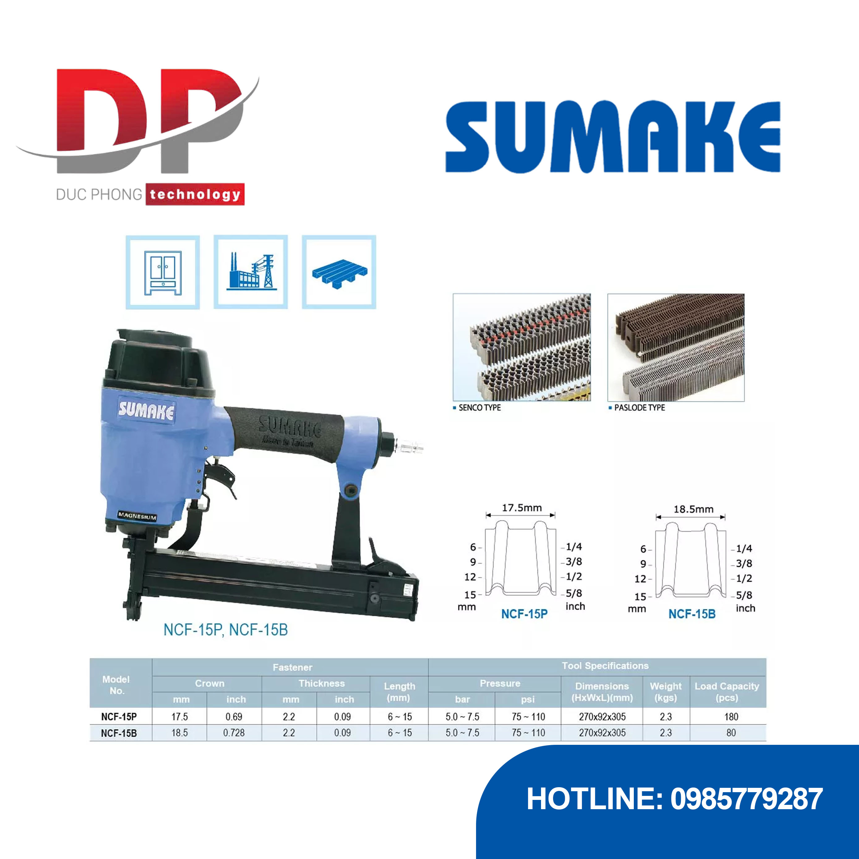 Máy bắn đai sóng hơi Sumake NCF-15B, NCF-15P, vỏ hợp kim magie