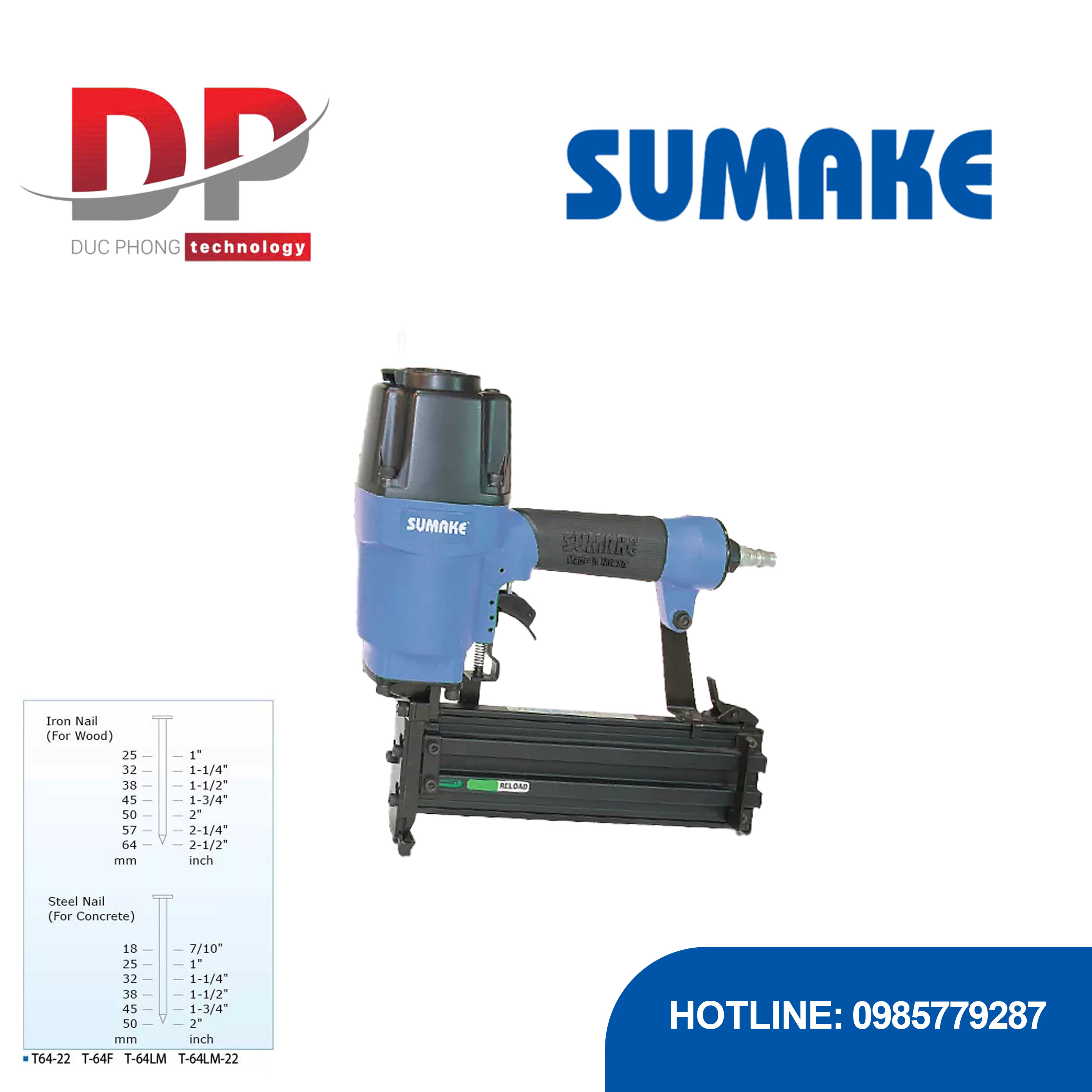 Máy bắn đinh chữ T hơi tải nặng Sumake T-64F và T-64-22, đinh 18-64 mm