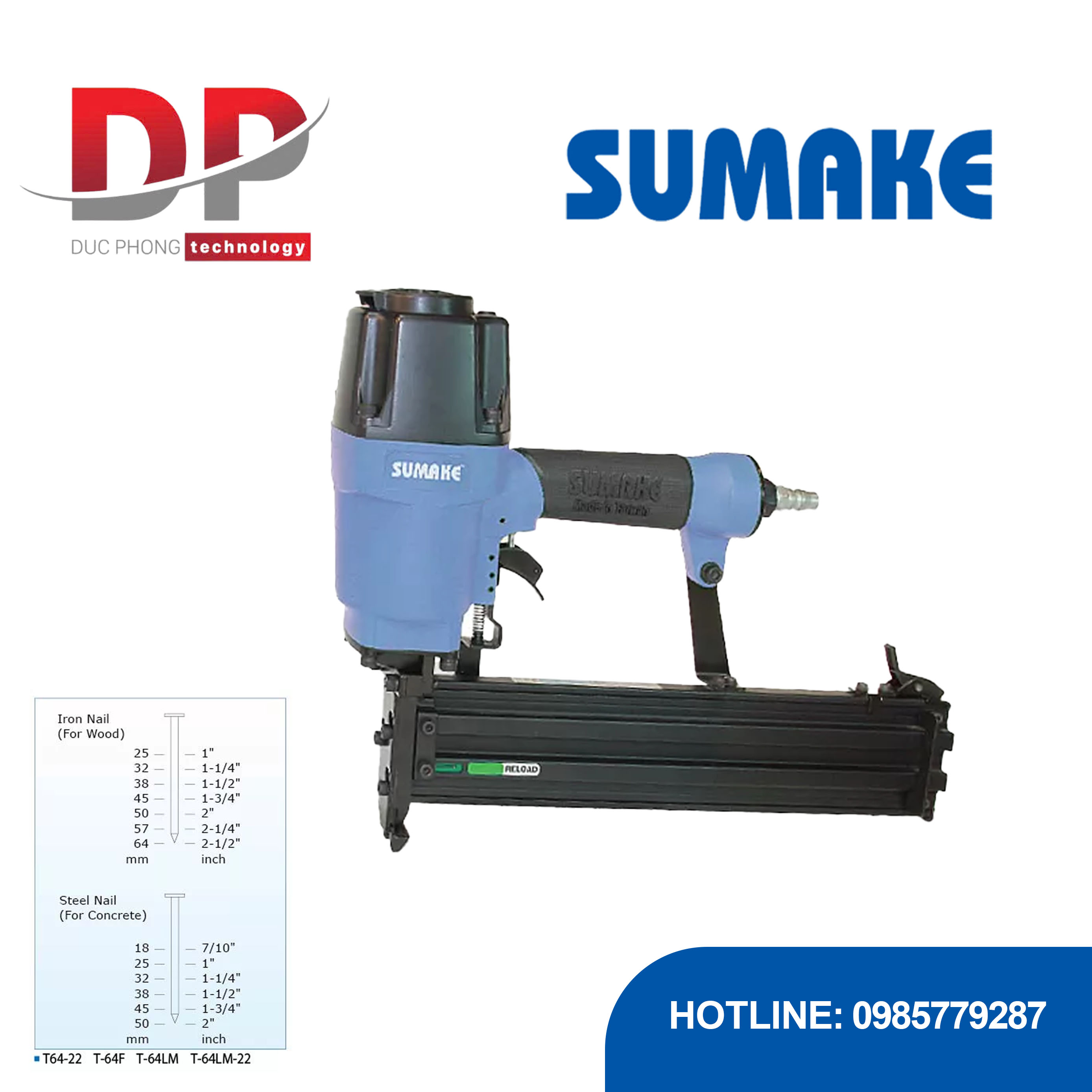 Máy bắn đinh chữ T hơi tải nặng Sumake T-64LM Series, đinh 18-64 mm