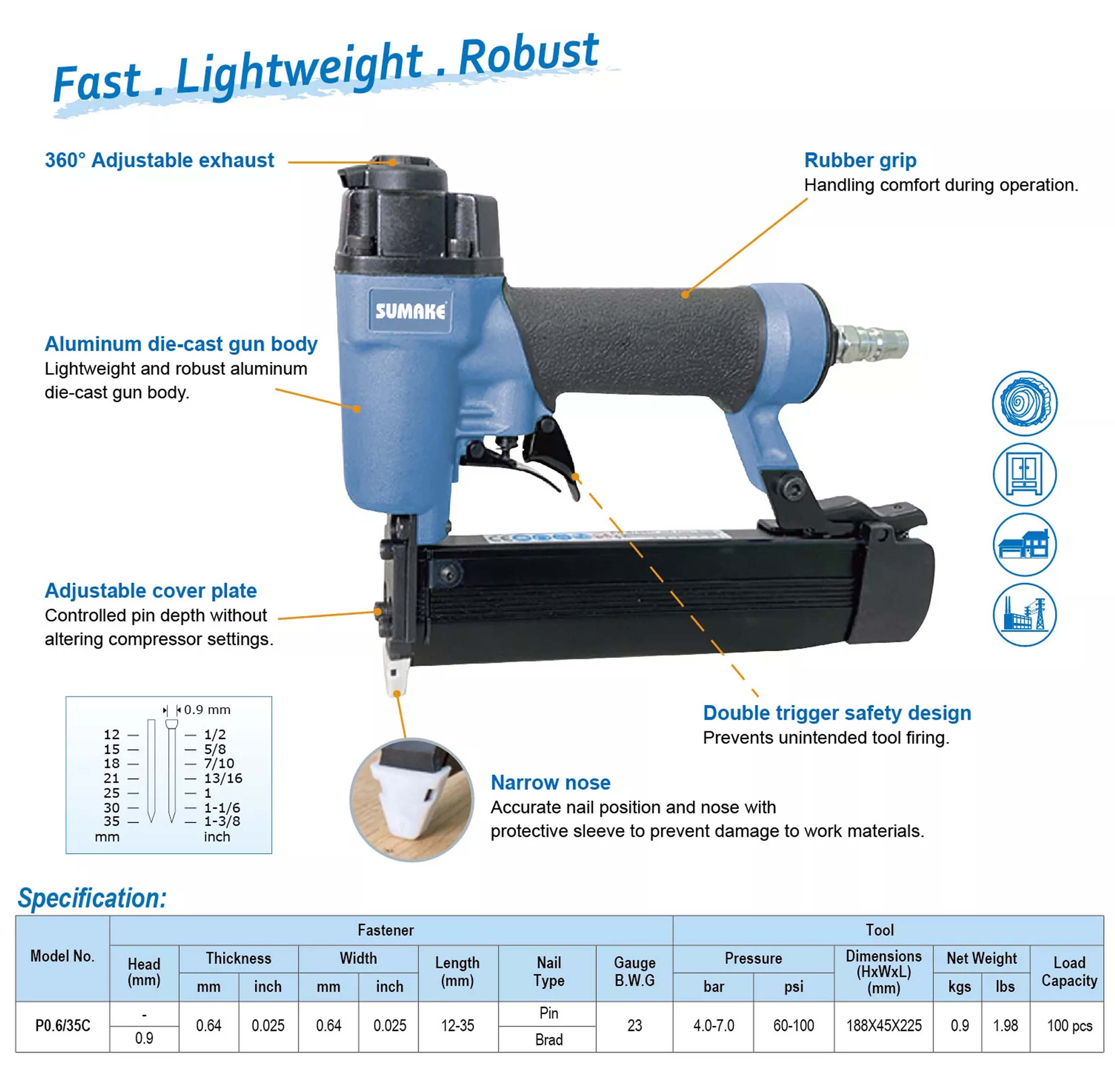Máy bắn đinh hơi 2 trong 1 Sumake P0.6/35C (23GA), tốc độ cao