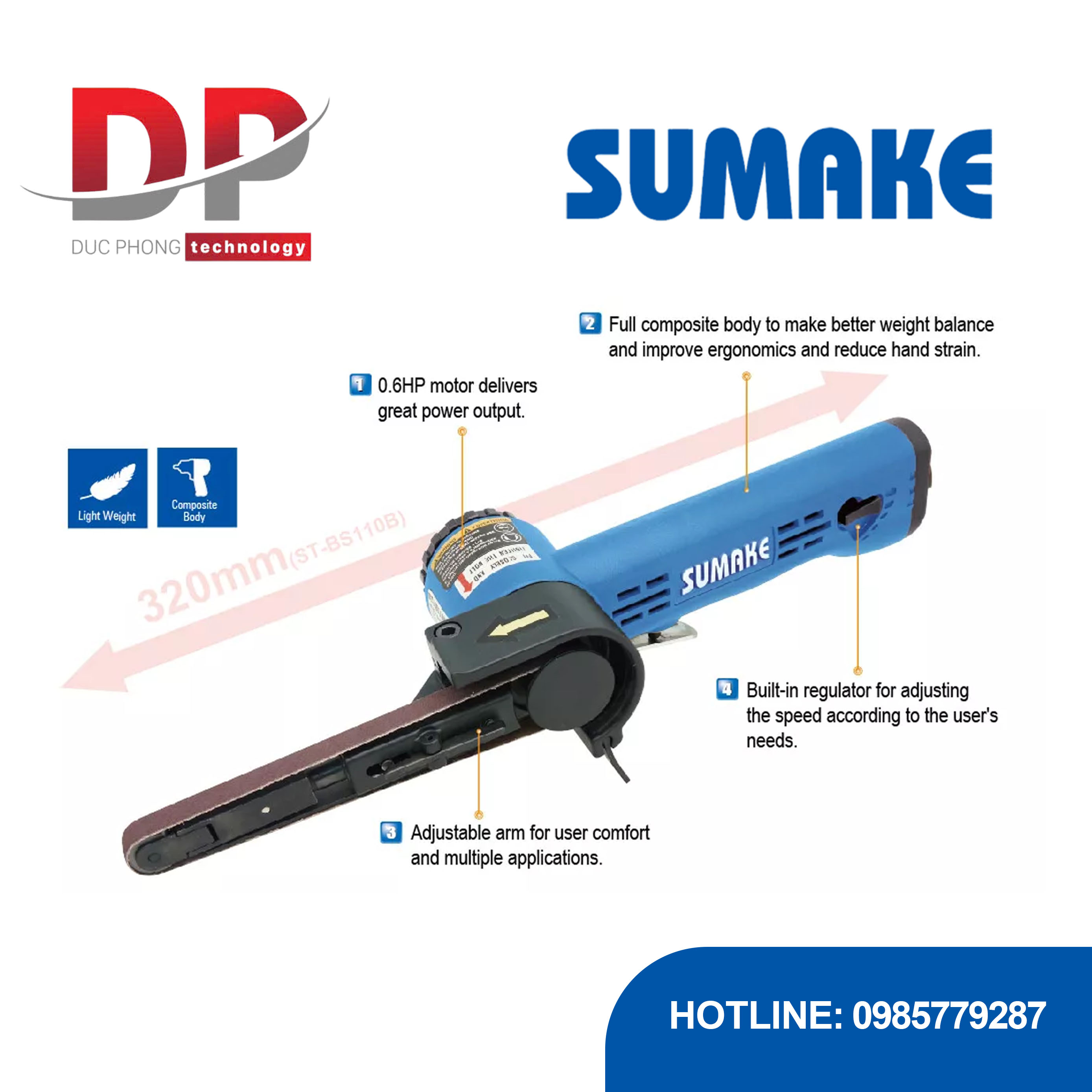 Máy chà nhám hơi dây đai Composite, 13 x 457 mm, Sumake ST-BS110E