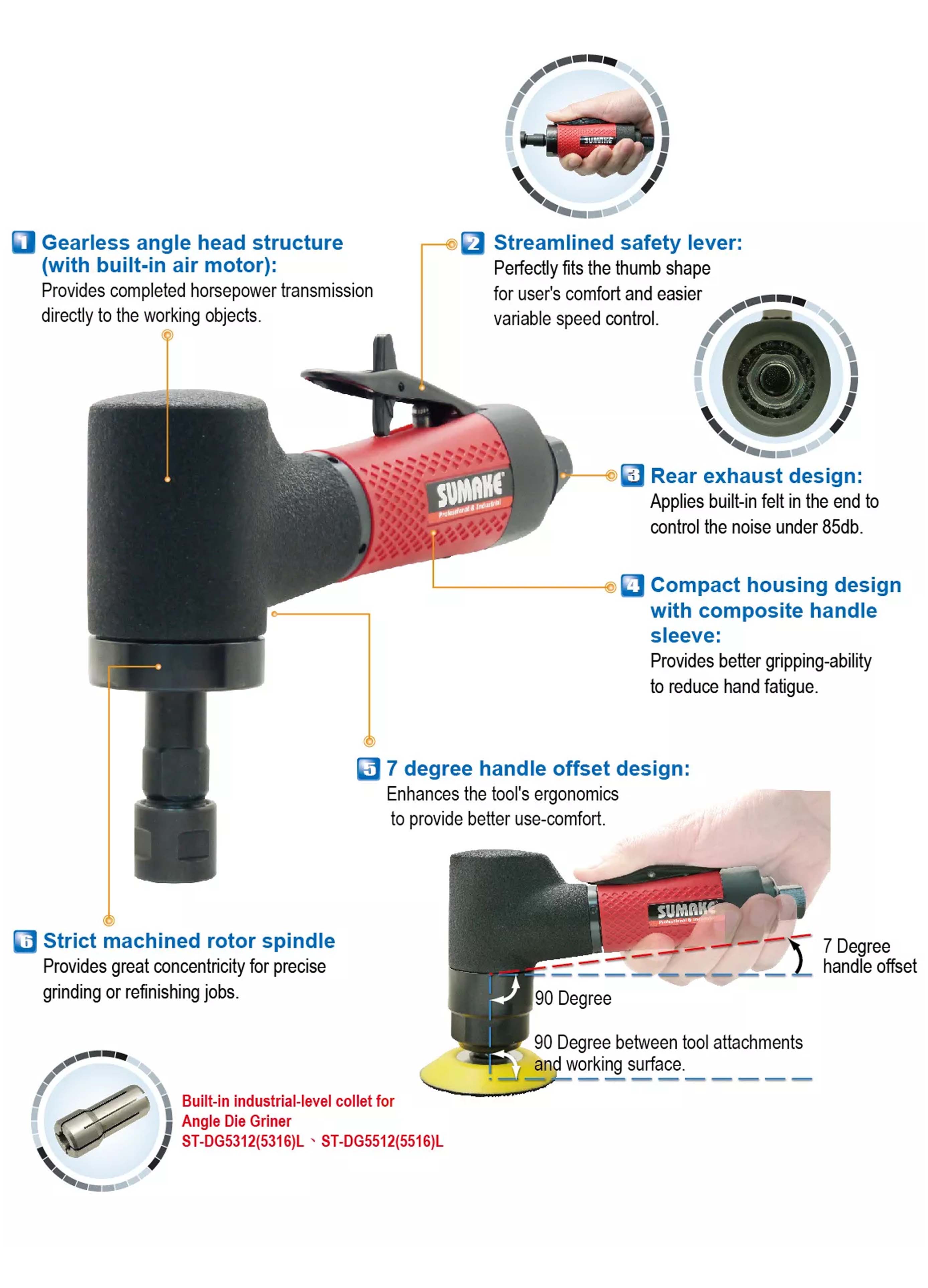 Máy chà nhám hơi góc công nghiệp, đệm Roloc 2 inch, 0.4 HP, Sumake ST-AS53N2R