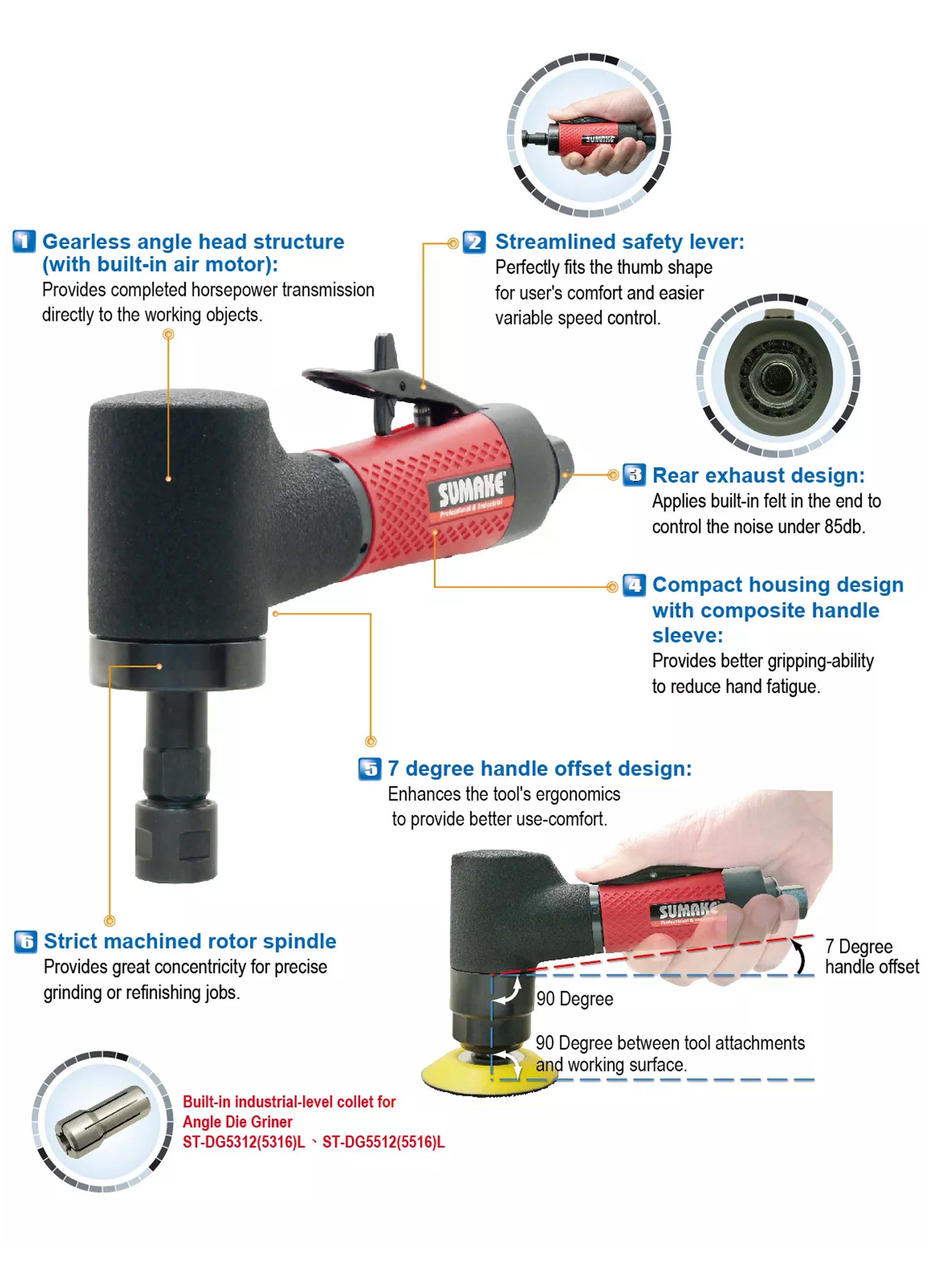 Máy chà nhám hơi góc công nghiệp, đệm móc 3 inch, quỹ đạo 3 mm, 0.7 HP, Sumake ST-AS55N3H