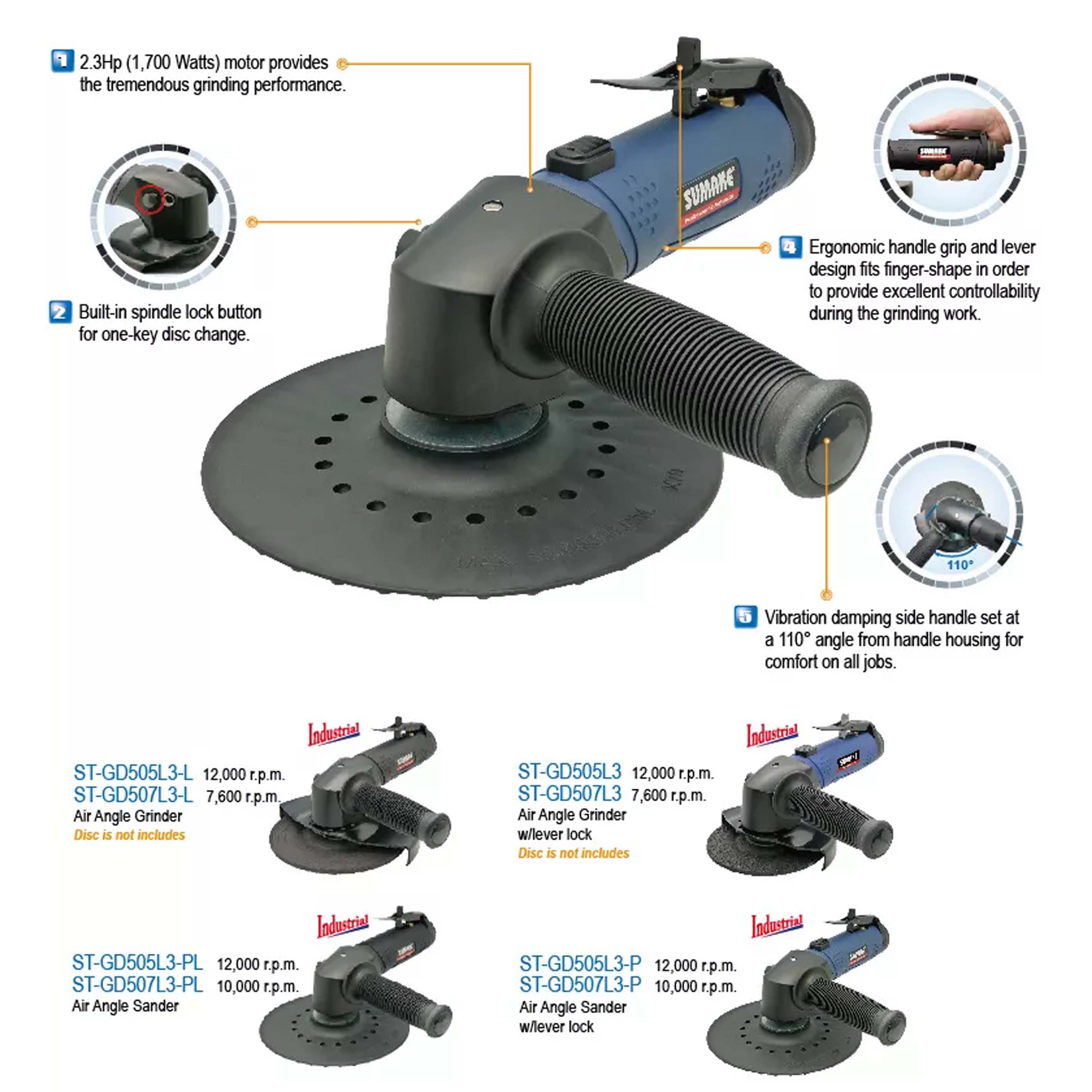 Máy chà nhám hơi góc công nghiệp, 5 inch, khóa cần gạt, Sumake ST-GD505L3-P