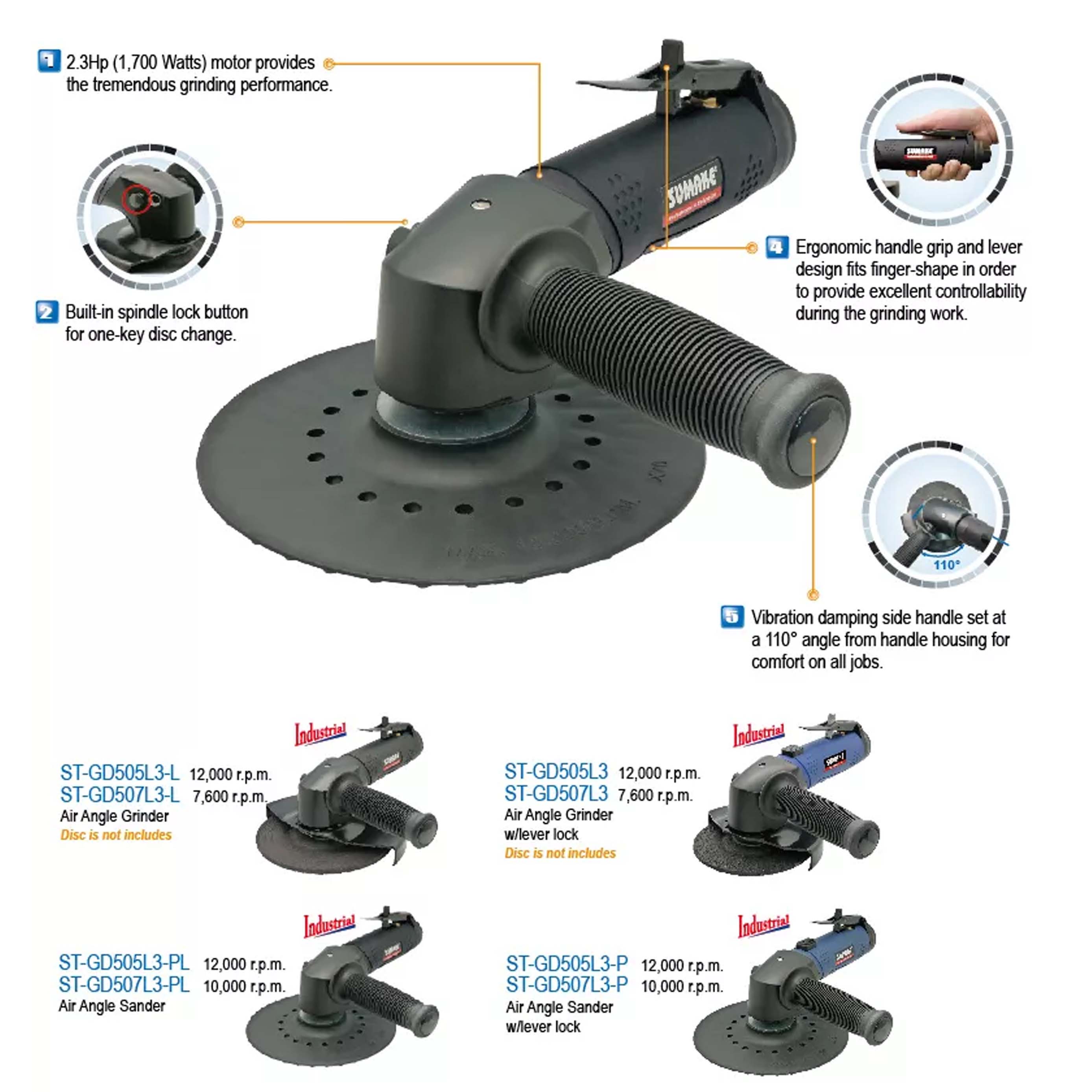 Máy chà nhám hơi góc công nghiệp, 5 inch, không khóa cần gạt, Sumake ST-GD505L3-PL