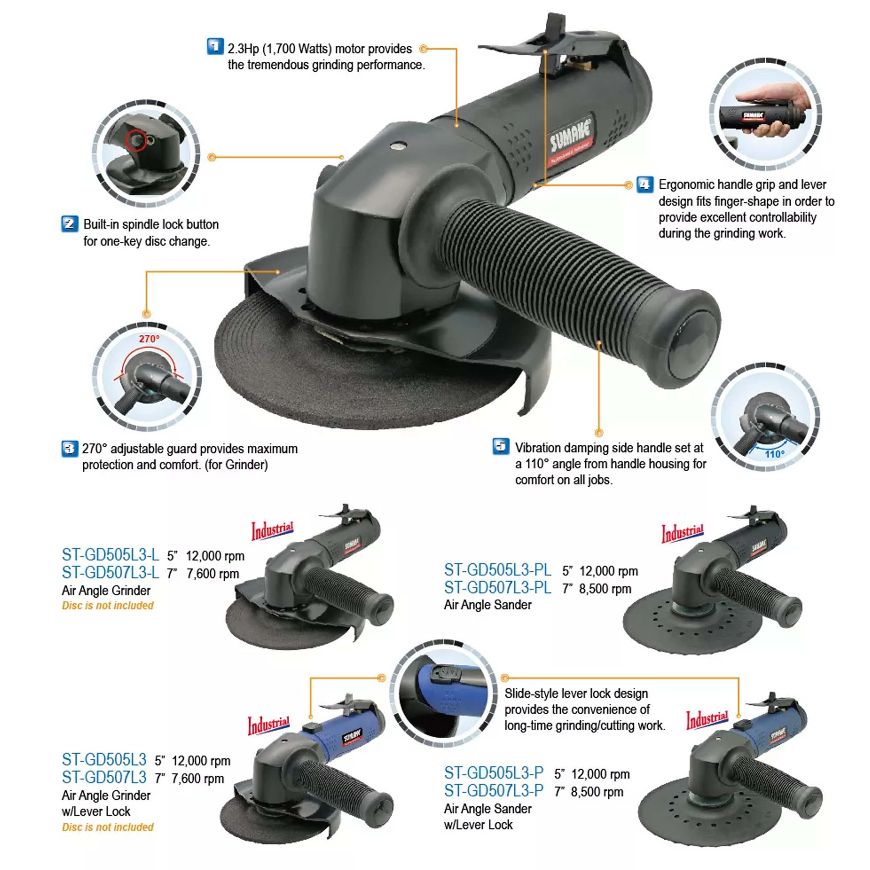 Máy chà nhám hơi góc công nghiệp, 7 inch, khóa cần gạt, Sumake ST-GD507L3-P