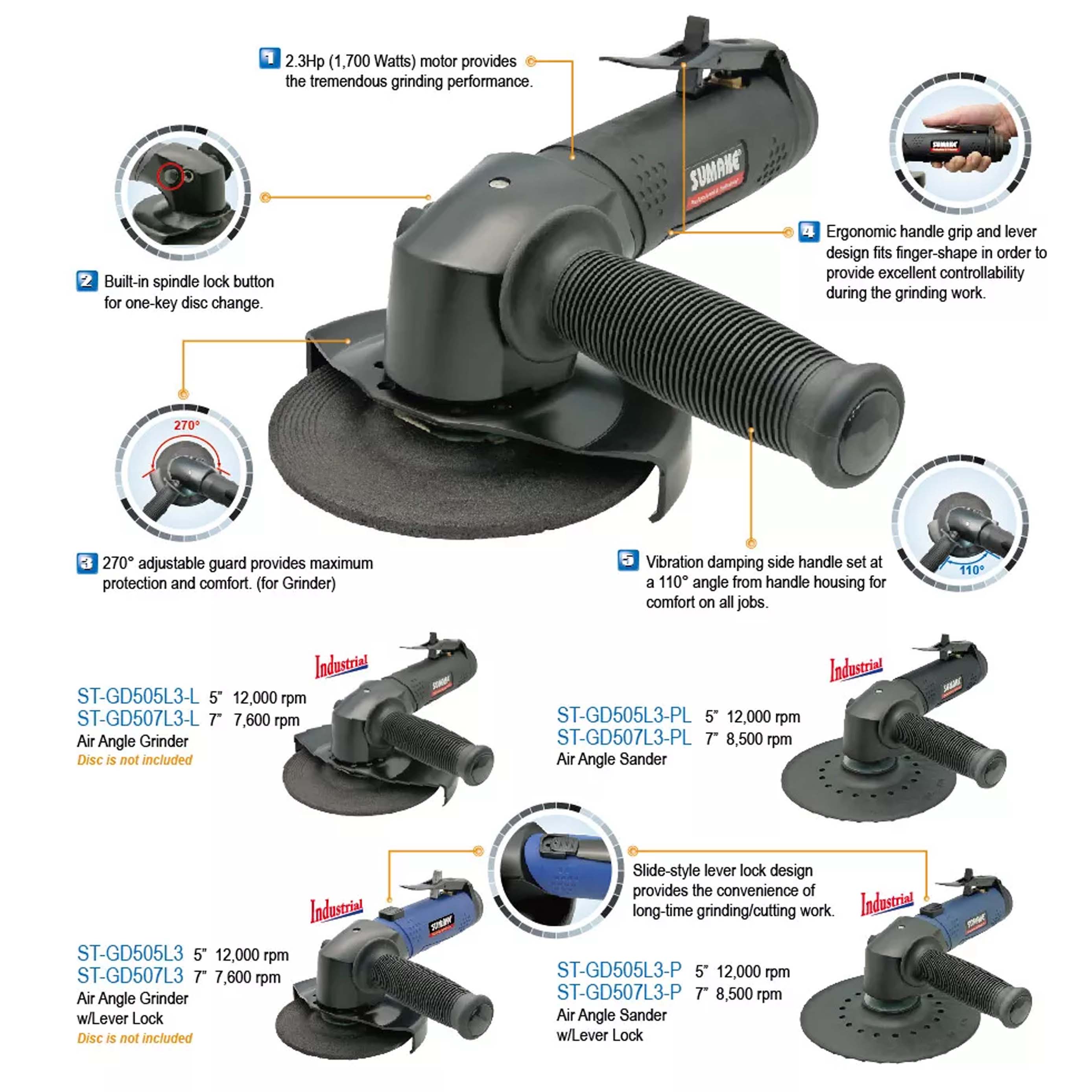 Máy chà nhám hơi góc công nghiệp, 7 inch, không khóa cần gạt, Sumake ST-GD507L3-PL