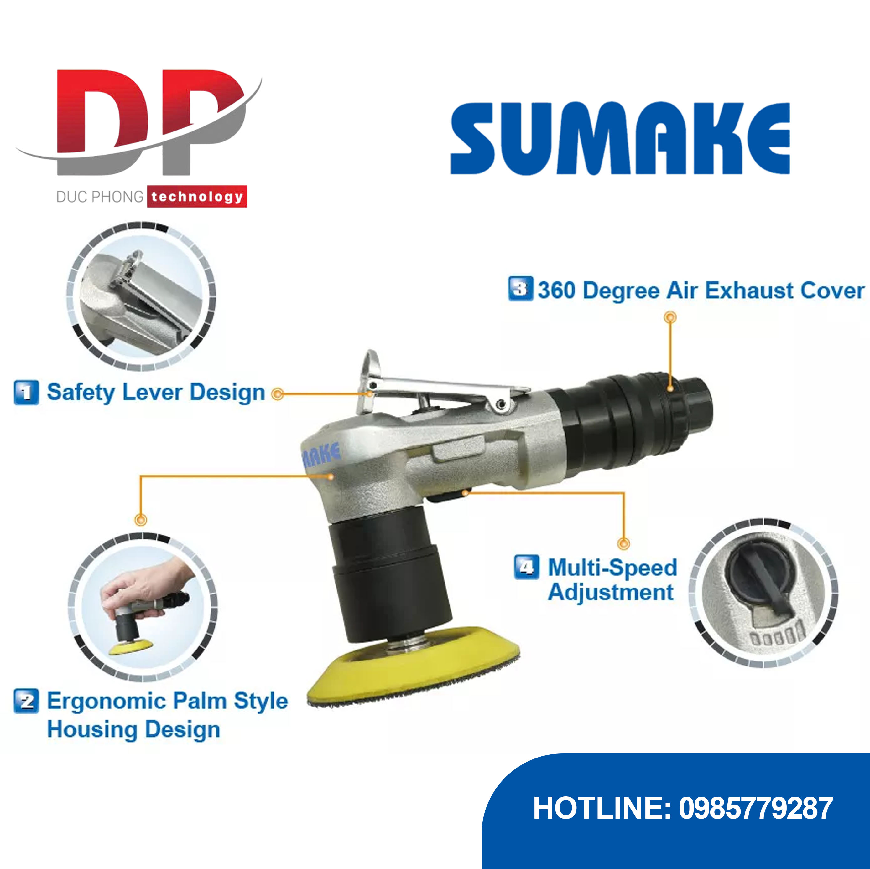 Máy chà nhám hơi quỹ đạo góc cầm tay mini 1 inch, quỹ đạo 2.5 mm, Sumake ST-AS11N1H