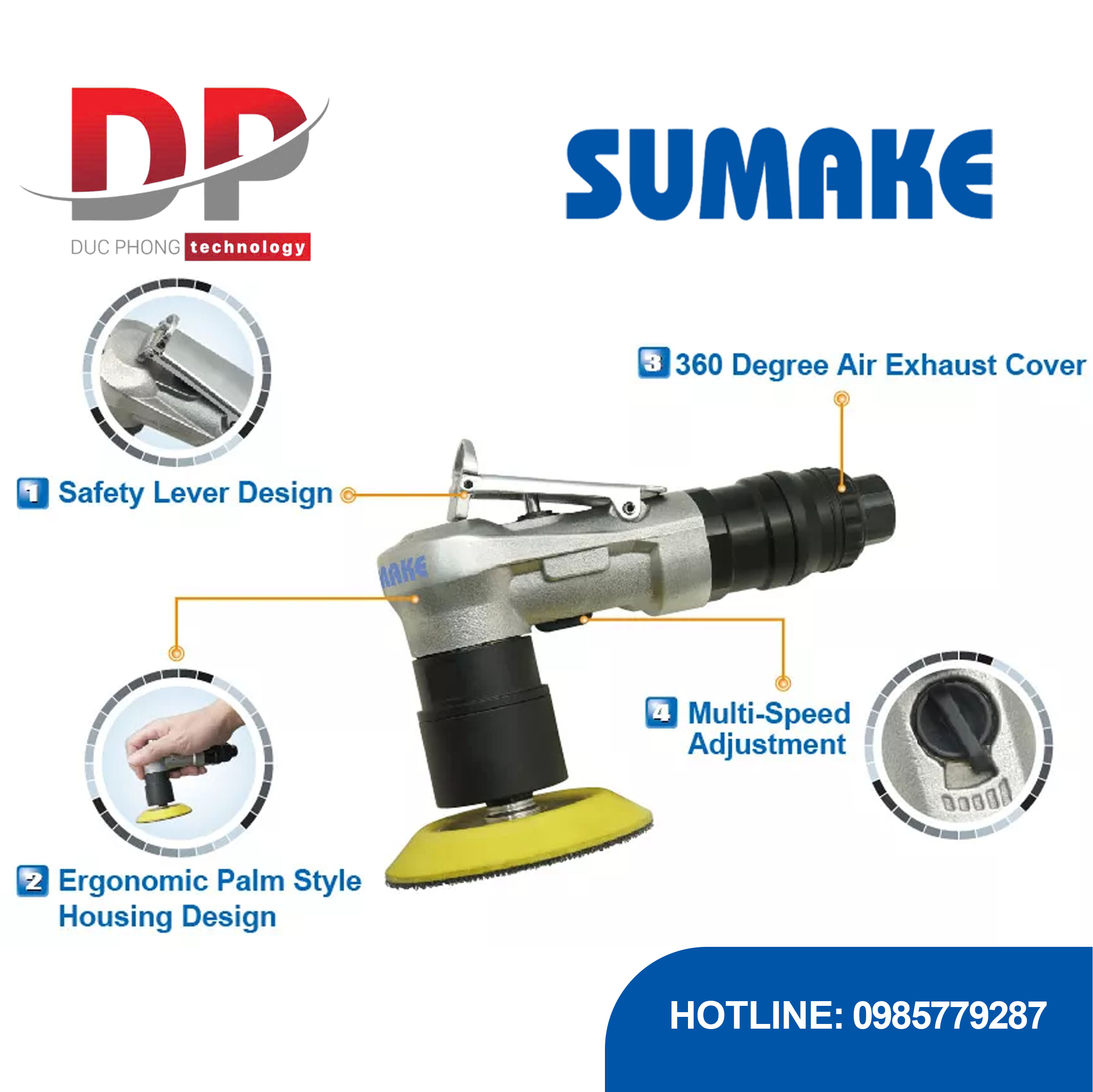 Máy chà nhám hơi quỹ đạo góc cầm tay mini 3 inch, quỹ đạo 3 mm, Sumake ST-AS11N3H