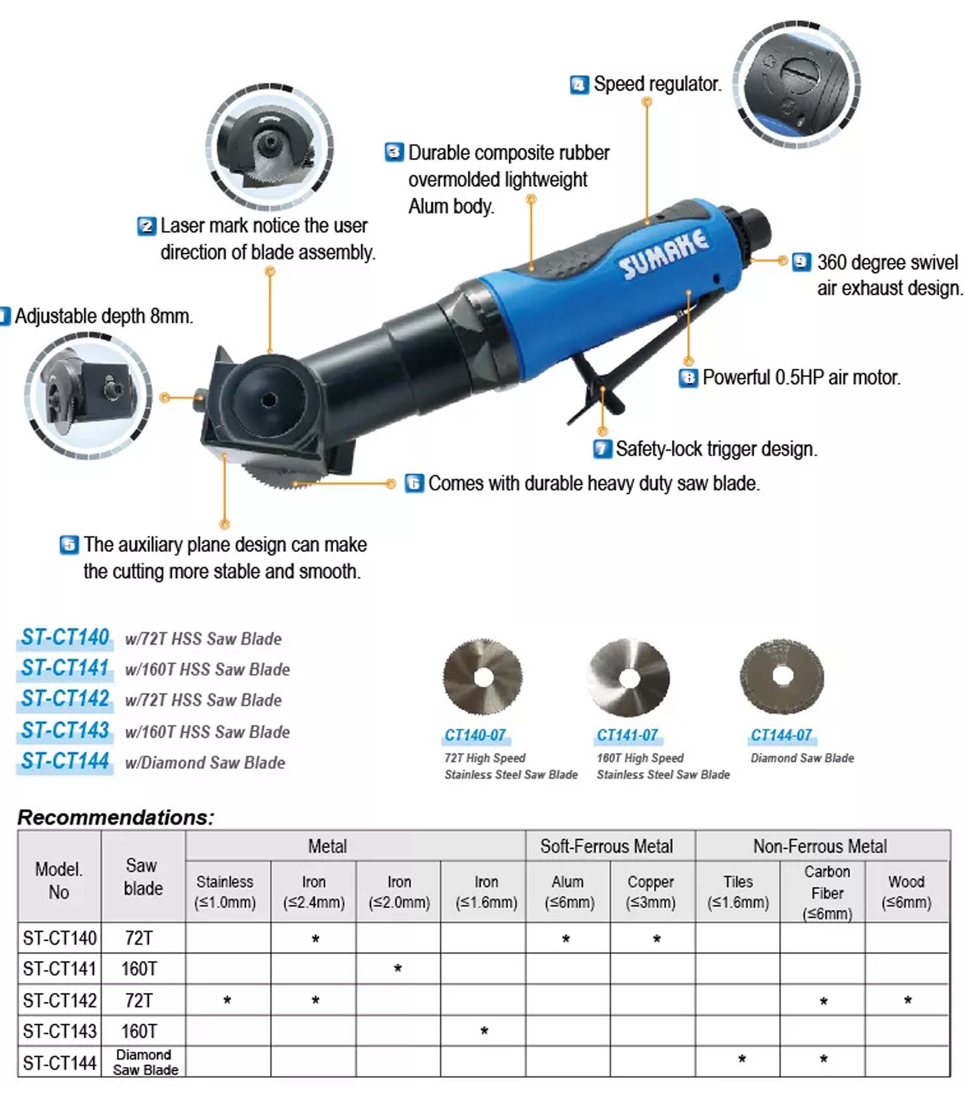 Máy cưa đĩa hơi 2 inch Sumake ST-CT14x, 7.000 vòng/phút