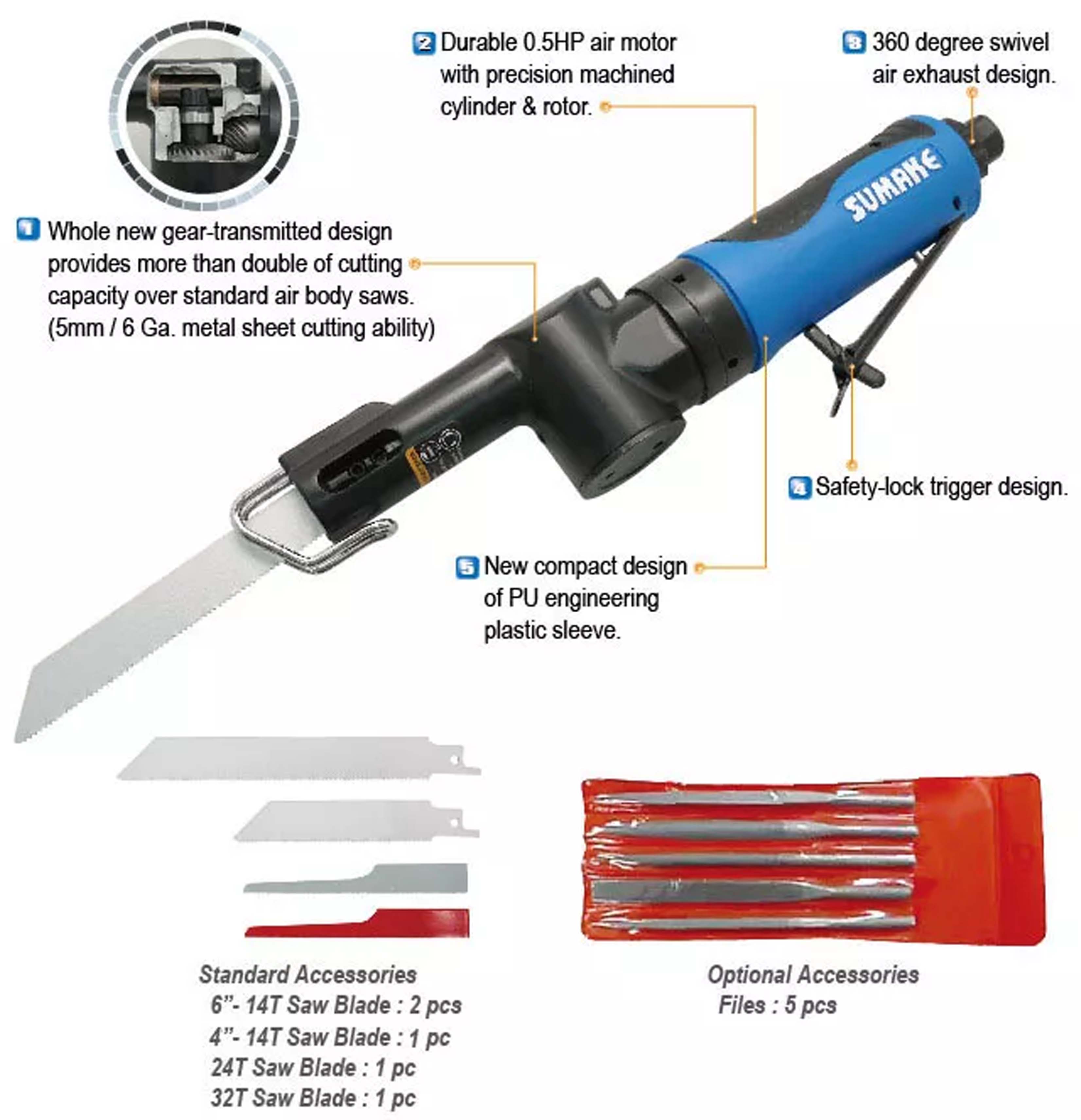 Máy cưa khí nén dẫn động bánh răng Sumake ST-BW300, 7.000 lần/phút