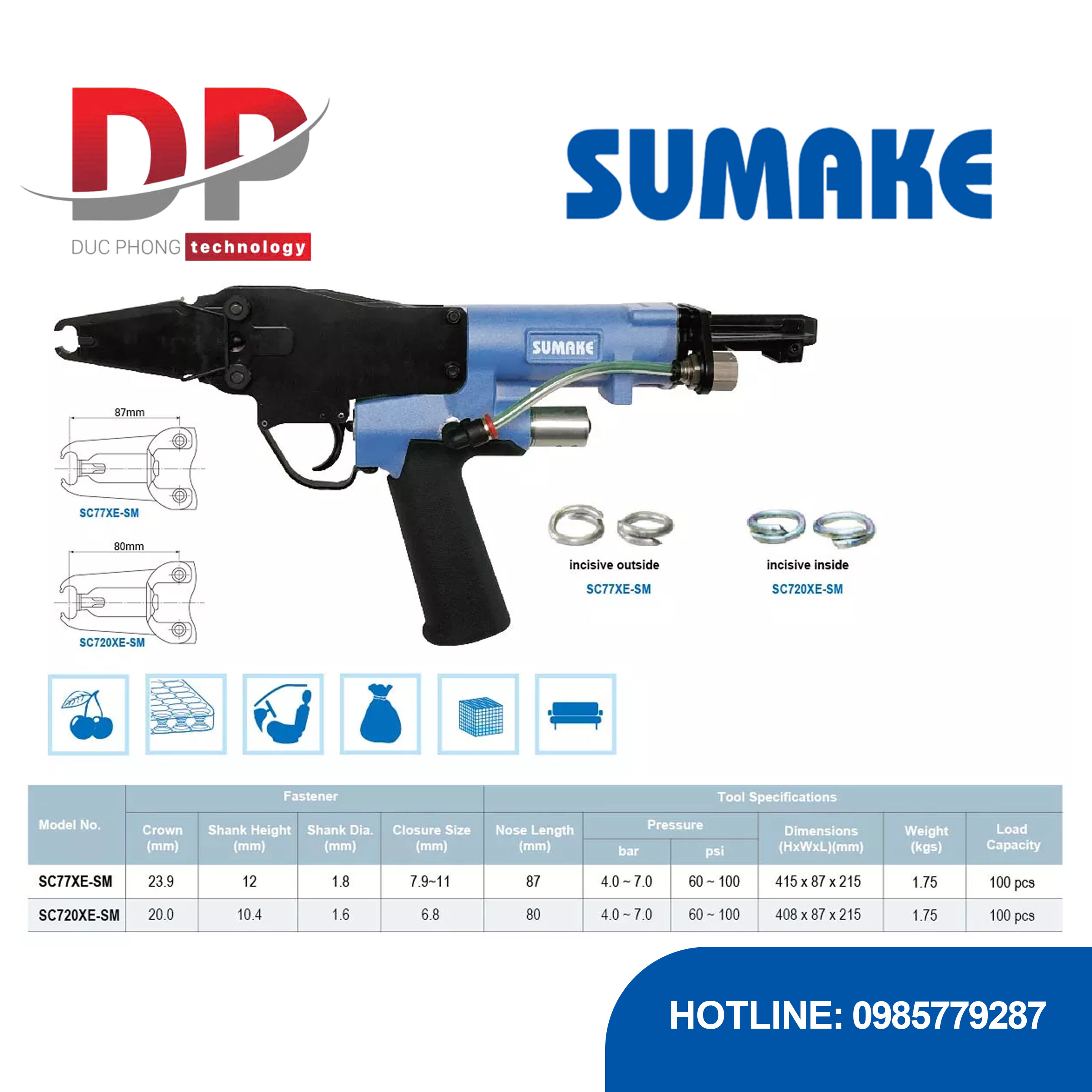 Máy đóng vòng chữ C hơi Sumake SC77XE-SM (Mũi dài 80/87 mm)