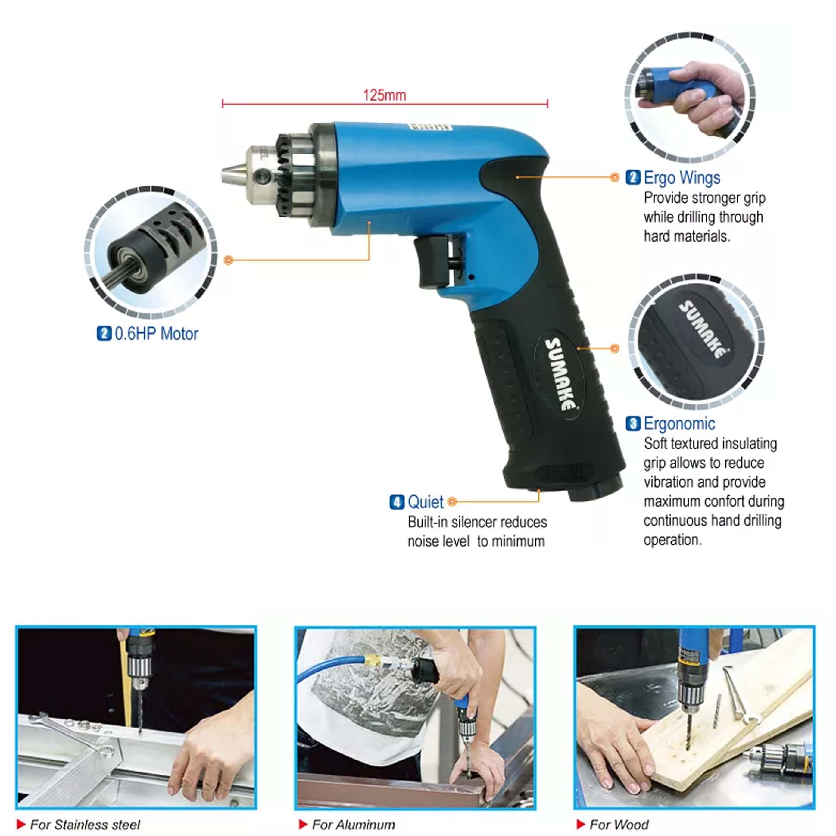 Máy khoan hơi công nghiệp cỡ nhỏ 1/4 inch, 0.6HP, không đảo chiều, Sumake ST-M5202F250